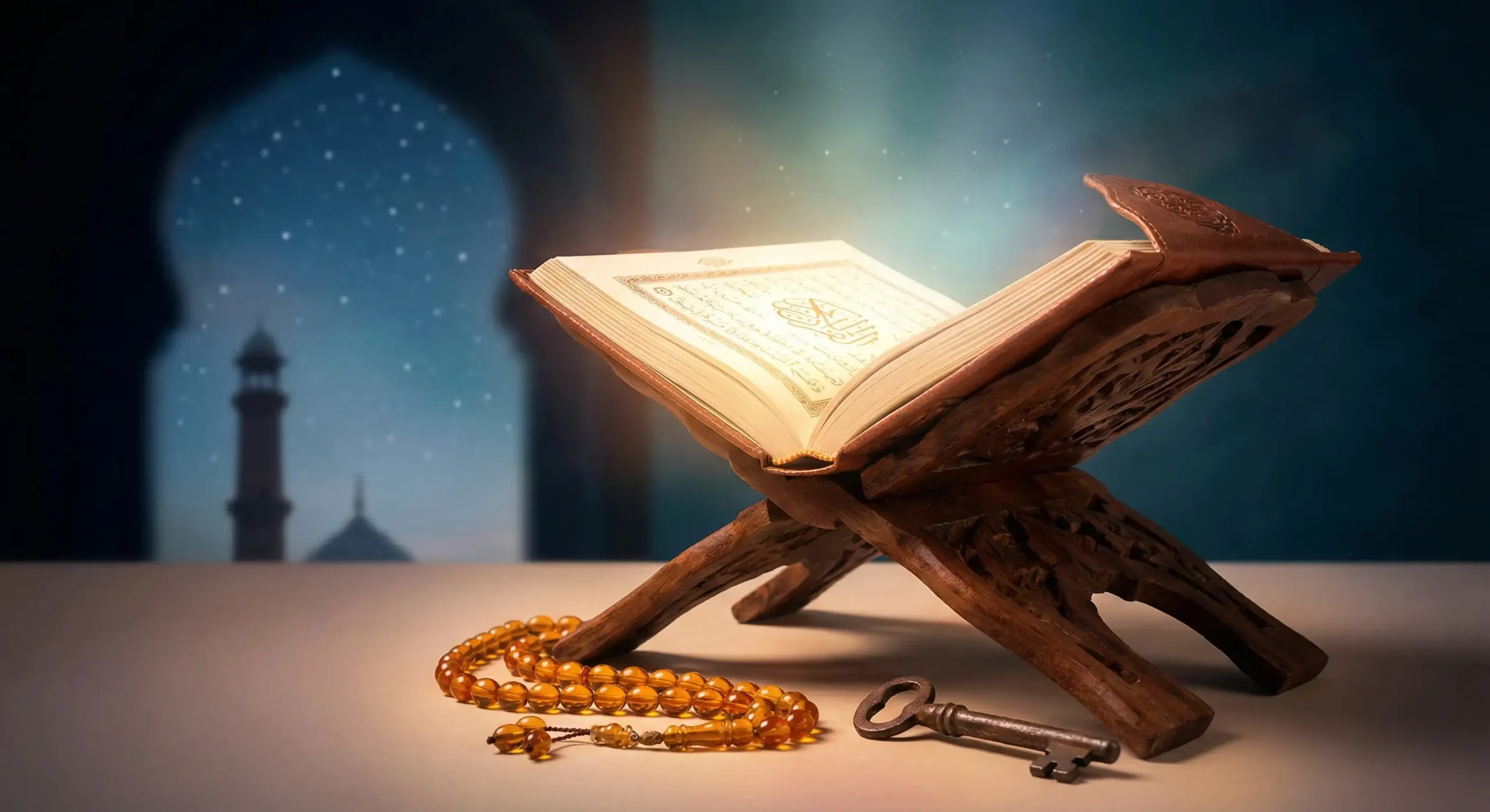 Open Holy Quran placed on a wooden rehal with prayer beads (tasbih), symbolizing Islamic faith, night worship, and spiritual guidance