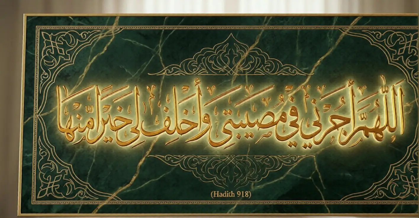 Cinematic 3D Islamic calligraphy of Allahumma Ajurni Fi Musibati in gold Thuluth script on emerald green marble, citing Hadith 918.