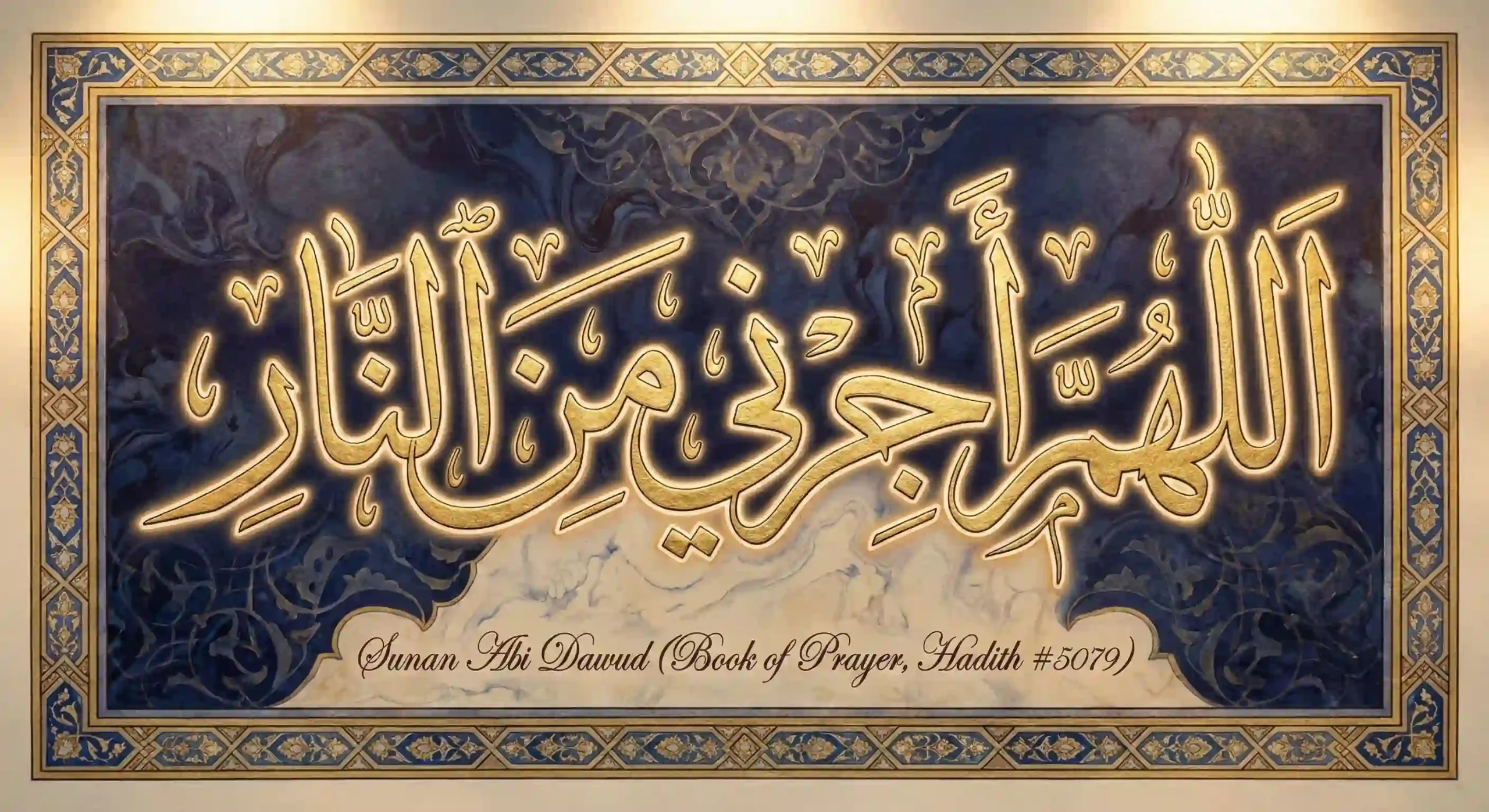 Gold Arabic Calligraphy of Dua Allahumma Ajirni Minan Naar with Sunan Abi Dawud reference on blue background.
