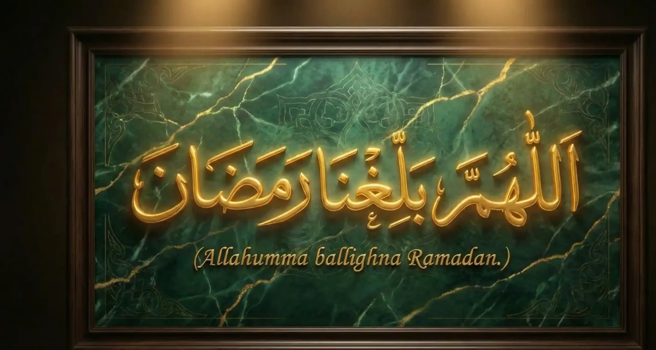 Allahumma Ballighna Ramadan Islamic dua written in golden Arabic calligraphy on a green background