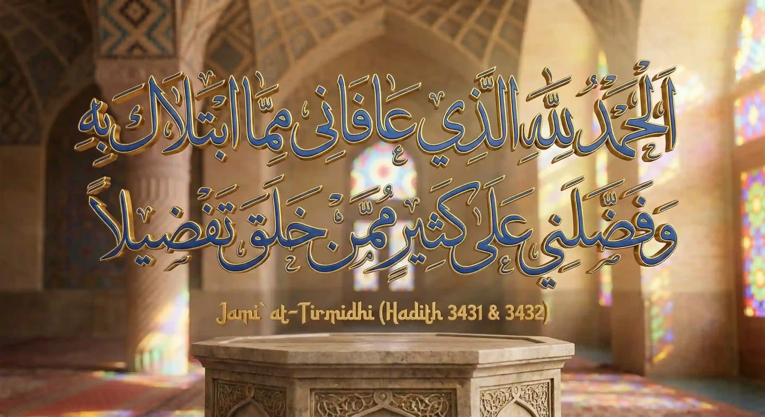 Arabic calligraphy of “Allahumma Salli Ala Muhammad wa Ala Aali Muhammad” with reference to Jami` at-Tirmidhi Hadith 3431 and 3432 inside a mosque