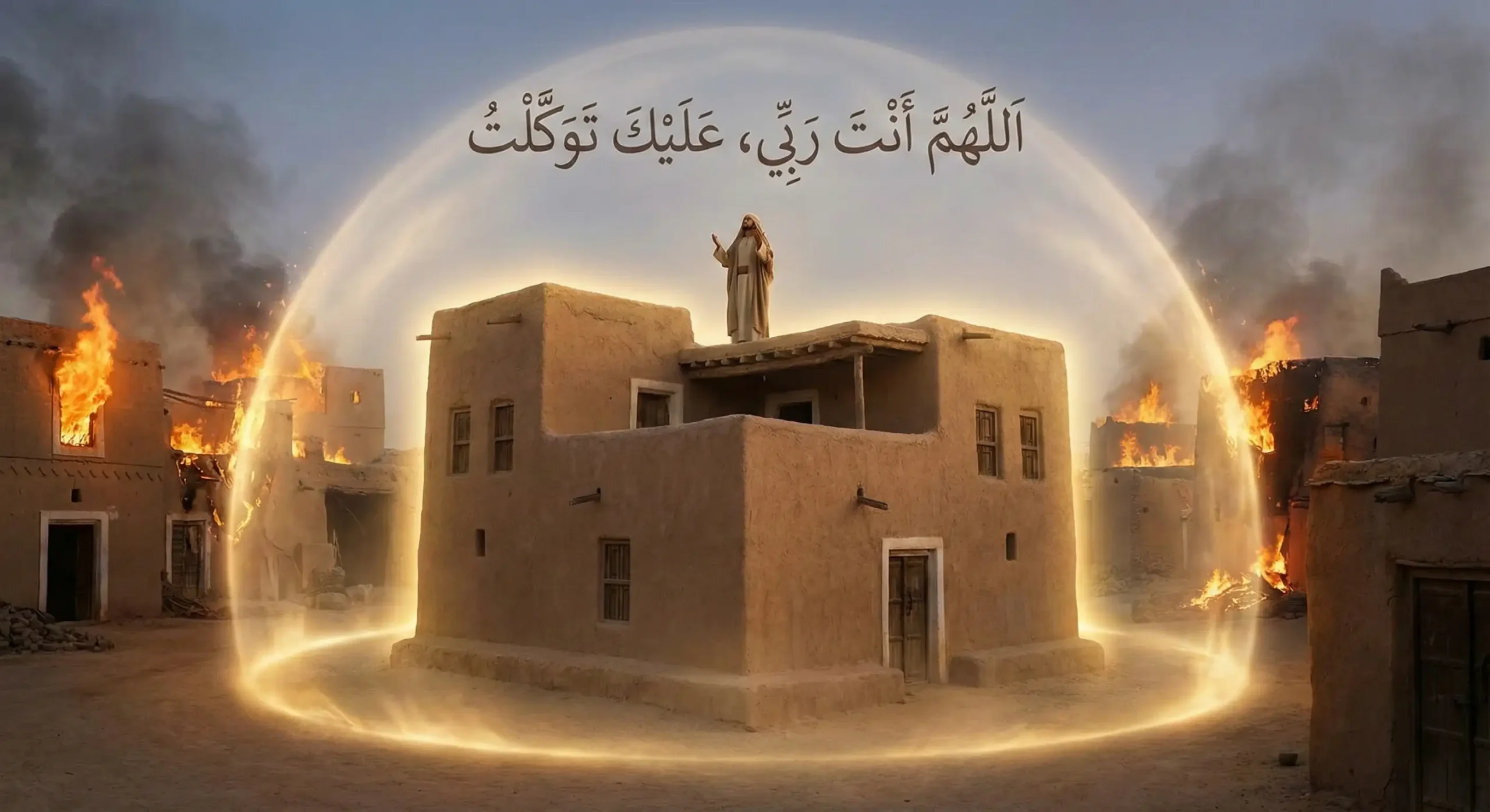 Digital illustration of a traditional clay house in 7th-century Medina standing untouched amidst a raging fire. The house is surrounded by a glowing golden dome of light, symbolizing divine protection. The sky features the opening Arabic text of Dua Abu Darda: "Allahumma anta Rabbi, alayka tawakkaltu." This represents the Islamic concept of Tawakkul and the famous story of Abu Darda's house being saved from a neighborhood fire.