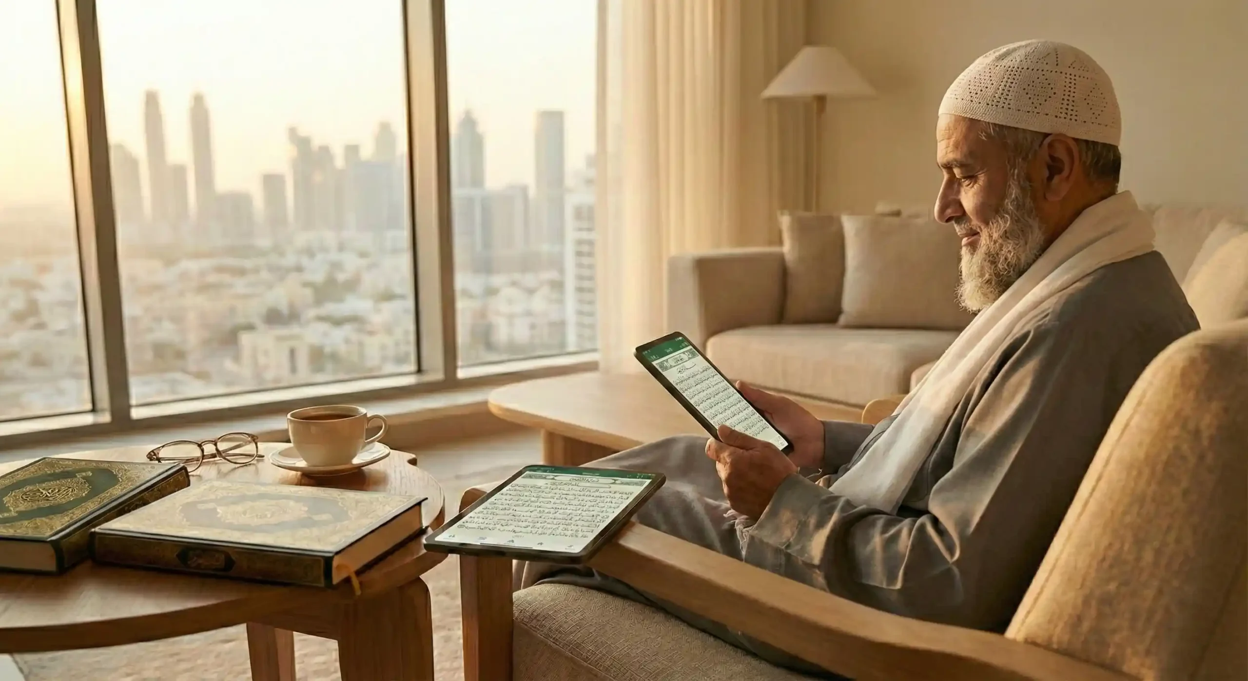 Elderly Muslim man peacefully reading the Holy Quran on a tablet at home with physical Quran books beside him