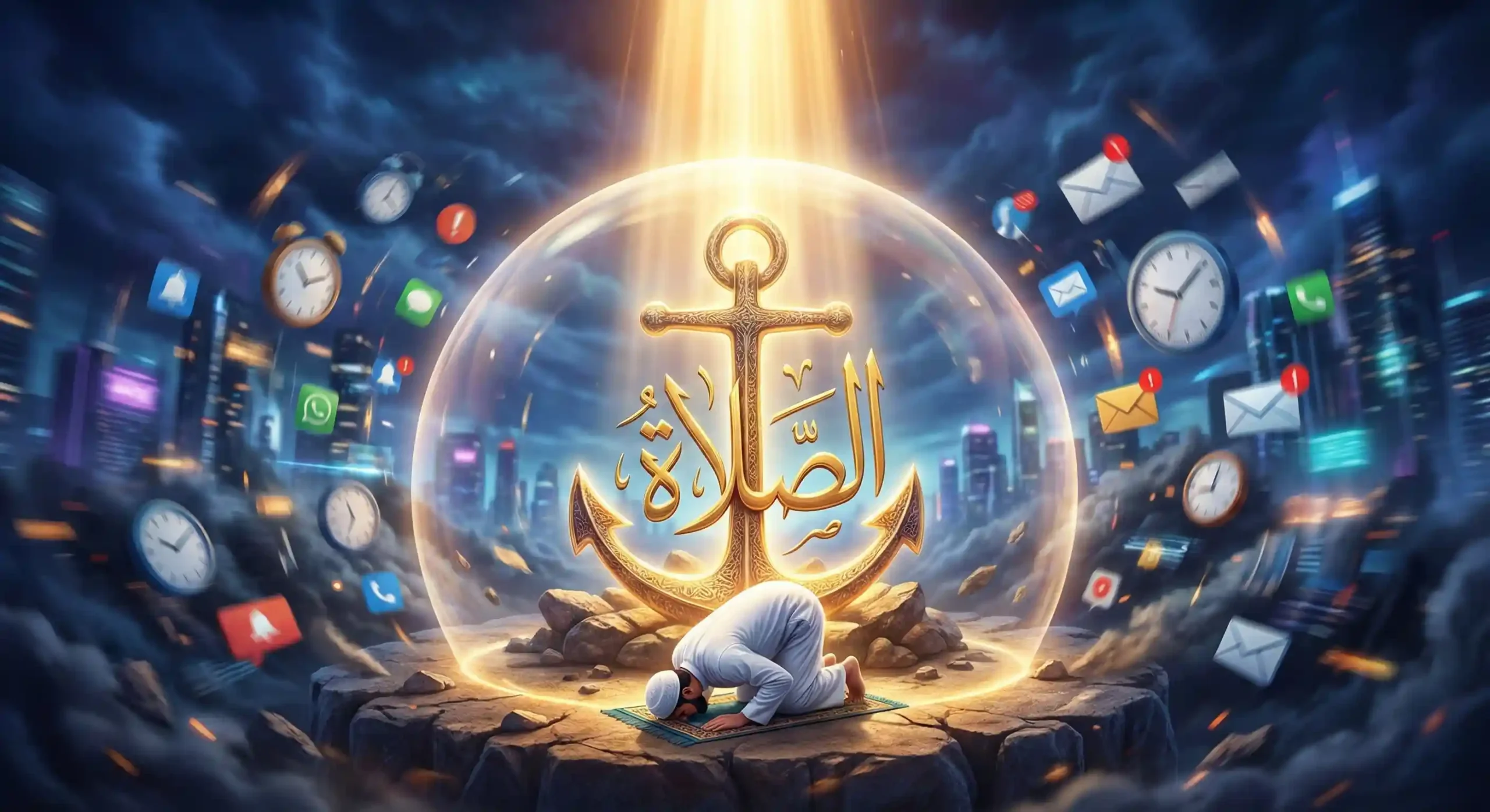 A Muslim praying Namaz inside a glowing protective shield shaped like an anchor, blocking out digital chaos and clocks.
