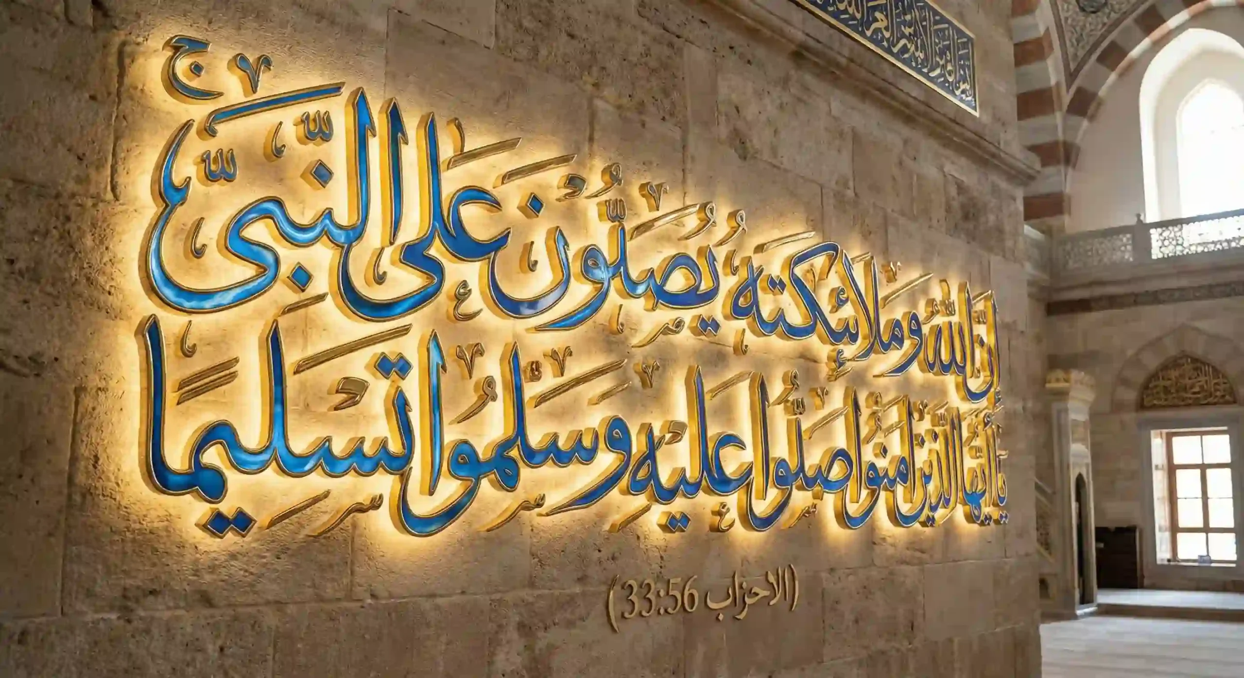 Golden 3D Arabic calligraphy of the verse "Innallaha wa malaikatahu yusalluna alan-nabi" (Surah Al-Ahzab 33:56) mounted on a textured stone wall. The script features blue accents and warm backlighting, displaying the command to send blessings upon Prophet Muhammad.