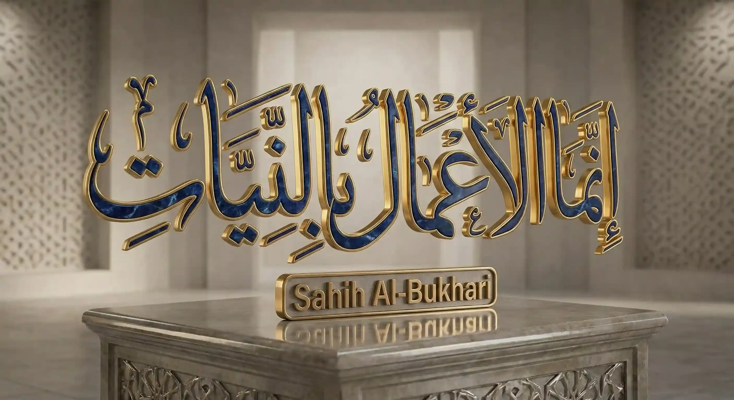 High-resolution 3D Islamic calligraphy art of the Hadith 'Innamal A'malu Binniyat' (Actions are judged by intentions). The Arabic script is rendered in raised golden lettering on a vintage parchment background, enclosed in an ornate wooden frame. The text 'Sahih Al-Bukhari' is elegantly printed in English at the bottom.