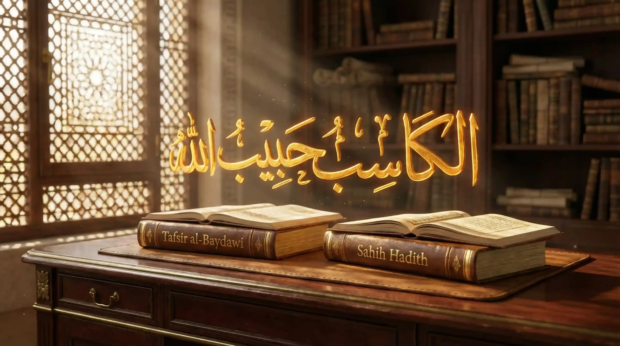 Golden Islamic Calligraphy of 'Al Kasibu Habibullah' (The earner is the beloved of Allah) resting on a scholar's desk next to Sahih Bukhari and Tafsir al-Baydawi books. The 3D text represents the concept of Halal earning as worship."