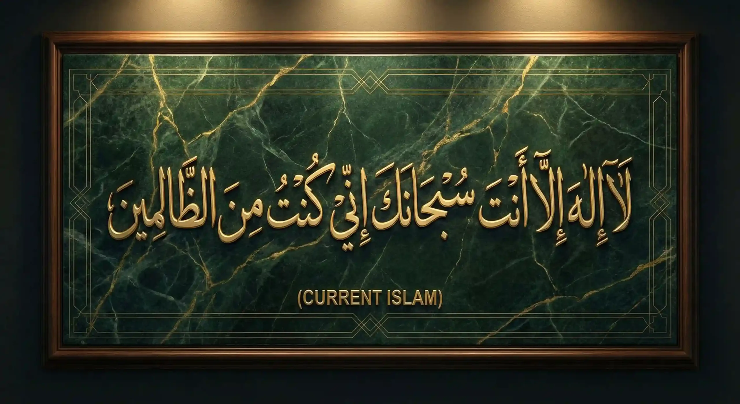 High-resolution 3D Islamic calligraphy of 'La ilaha illa anta subhanaka inni kuntu minaz-zalimeen' written in glowing liquid gold script on a deep emerald green marble background. The design features intricate arabesque patterns and the text '(CURRENT ISLAM)' at the bottom.