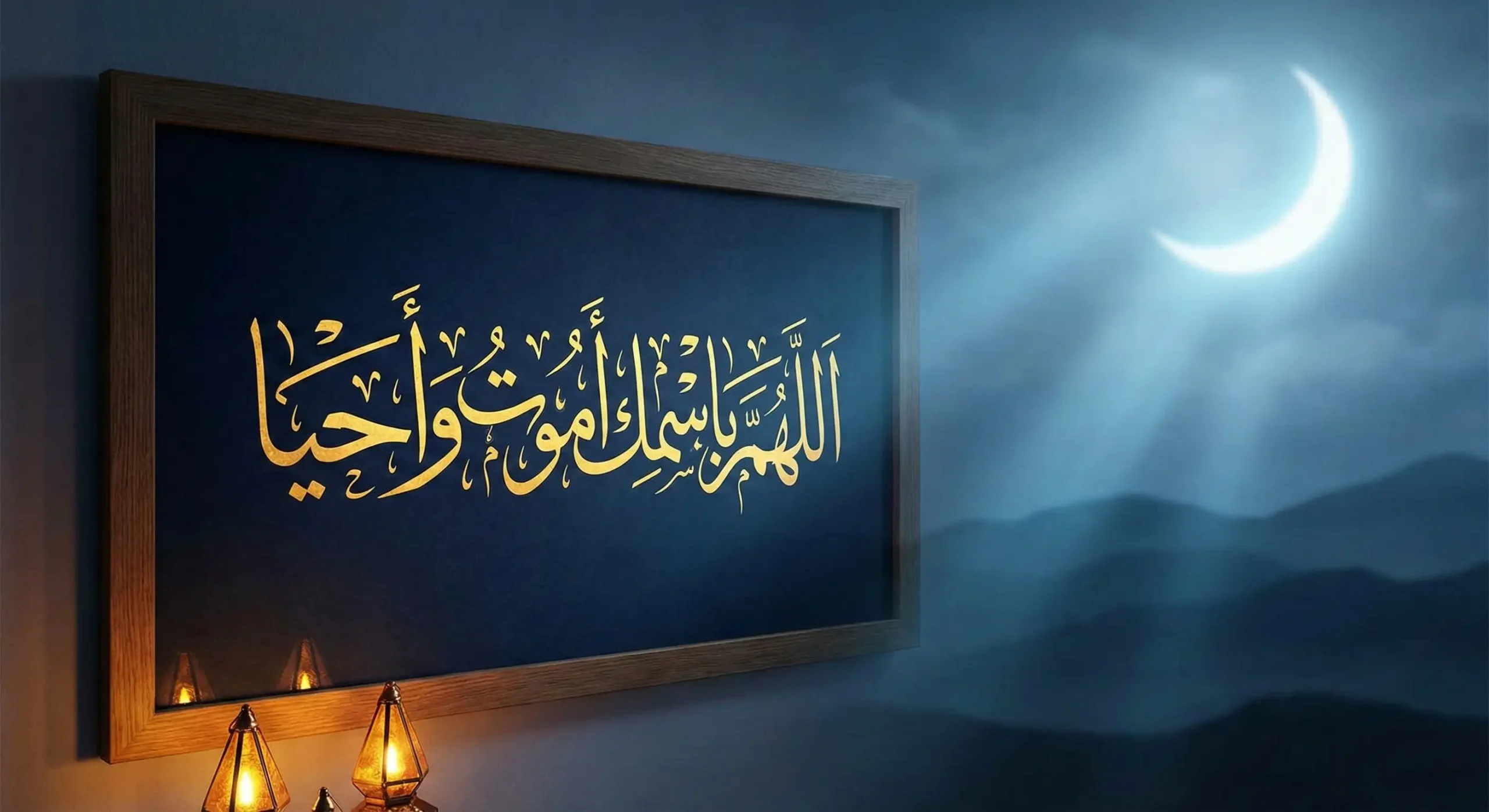 Islamic calligraphy of “Allahumma Bismika Amutu Wa Ahya” with moonlight background and peaceful night atmosphere