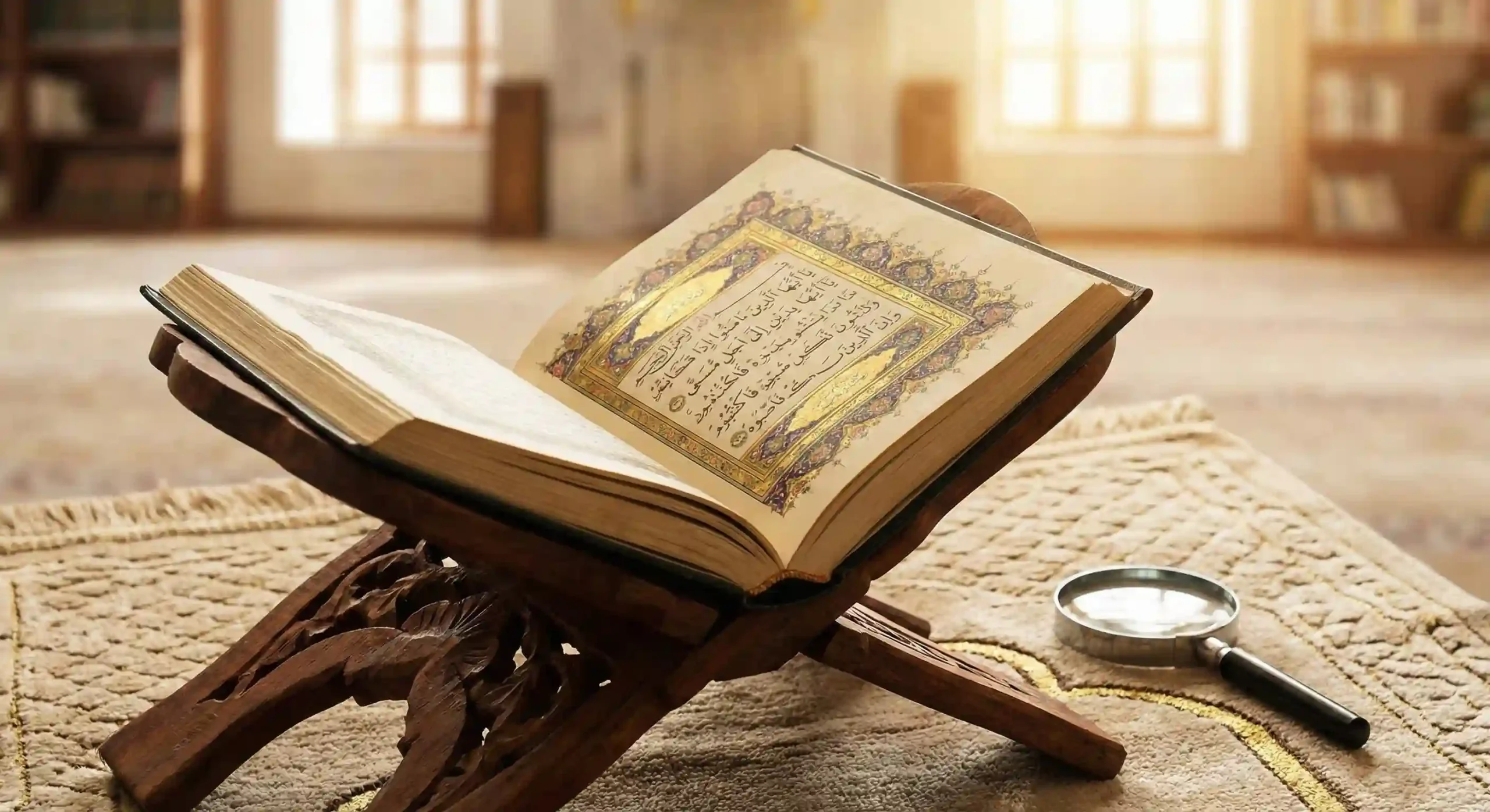 An open antique Quran manuscript resting on a wooden stand, showing the Arabic calligraphy of the longest verse (Surah Baqarah 282). A magnifying glass lies beside it on a prayer mat, symbolizing the detailed study of Islamic financial law."