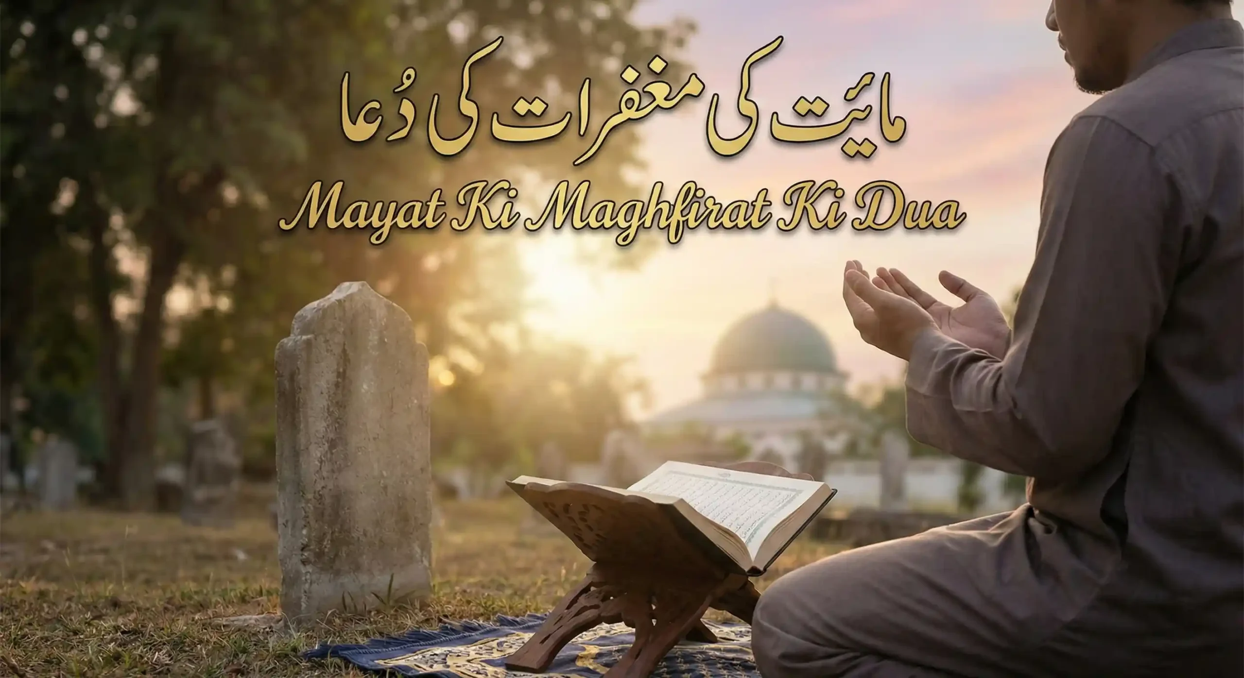 A Muslim man reciting Quran and making dua for the forgiveness of a deceased soul at a graveyard during sunset – Mayat Ki Maghfirat Ki Dua