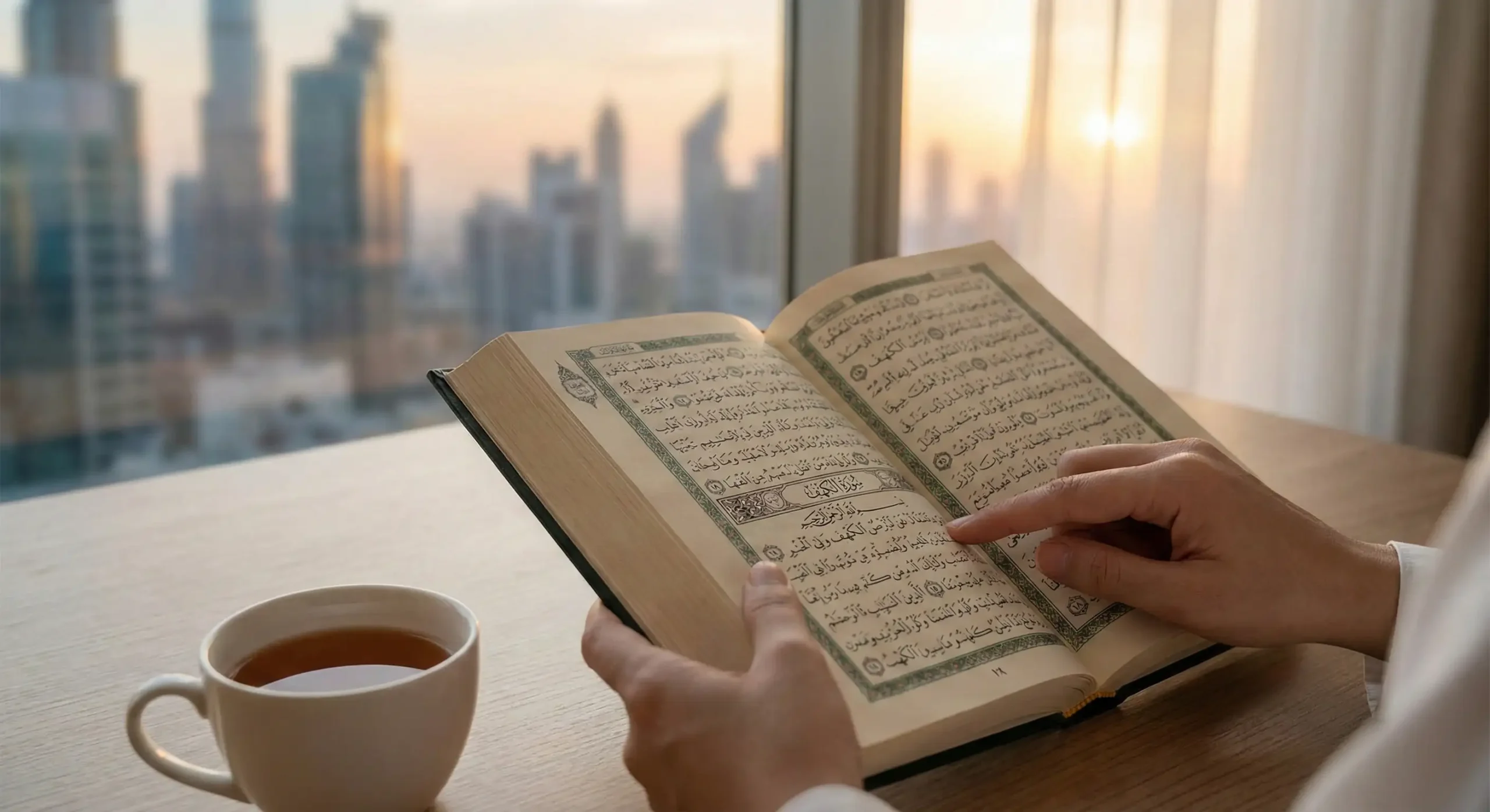 Person reading the Holy Quran during morning time by a window, reflecting on Islamic guidance and spiritual peace