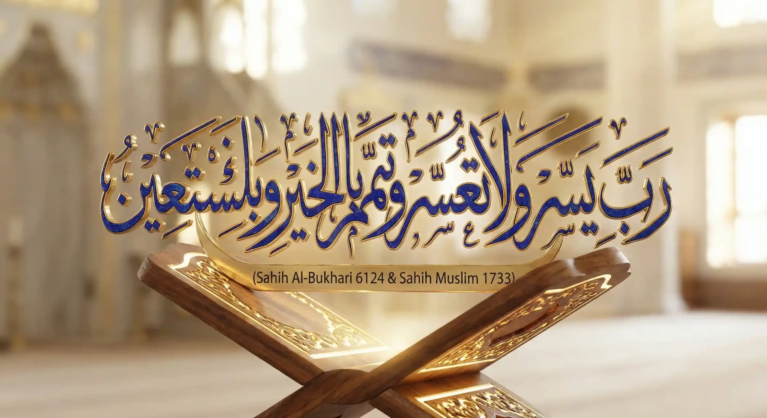 Rabbi Yassir Wala Tu Assir dua in Arabic calligraphy with Quran stand, authentic Hadith reference from Sahih Bukhari and Sahih Muslim