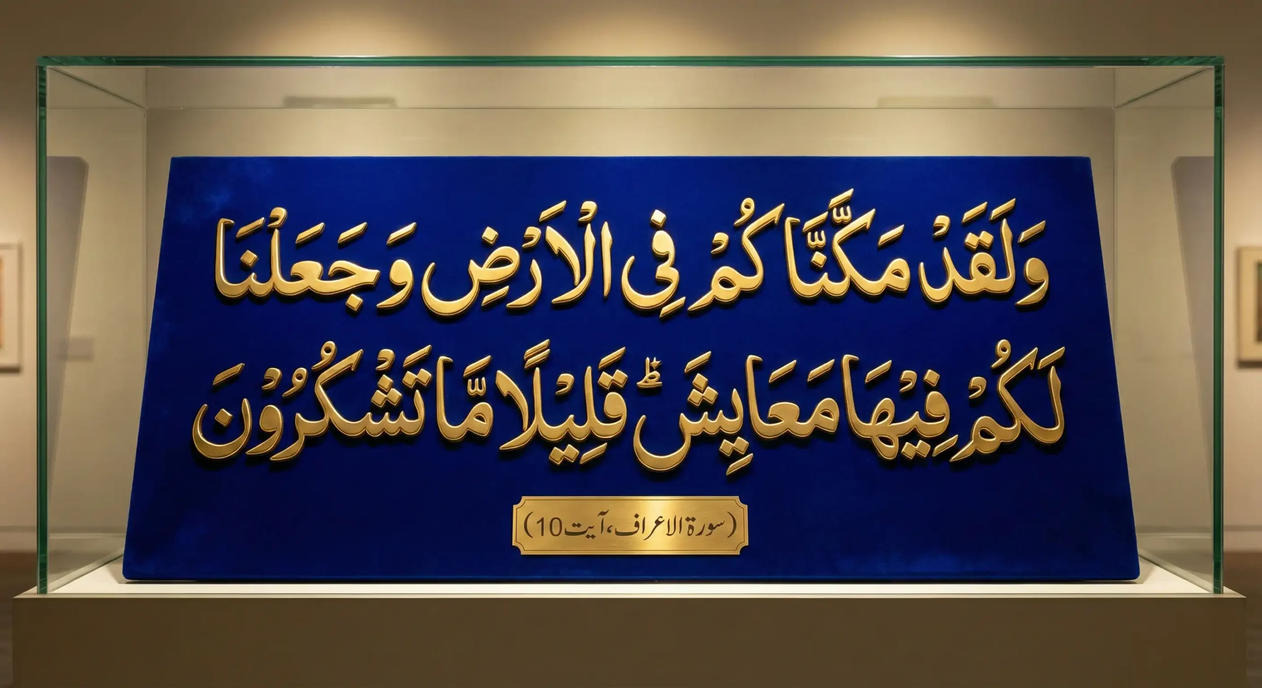 Gold 3D Islamic Calligraphy of Surah Al-A'raf Ayat 10 (Walaqad Makkannakum). A powerful Quranic verse for stability, livelihood, and owning a home. (سورة الأعراف آیت 10).