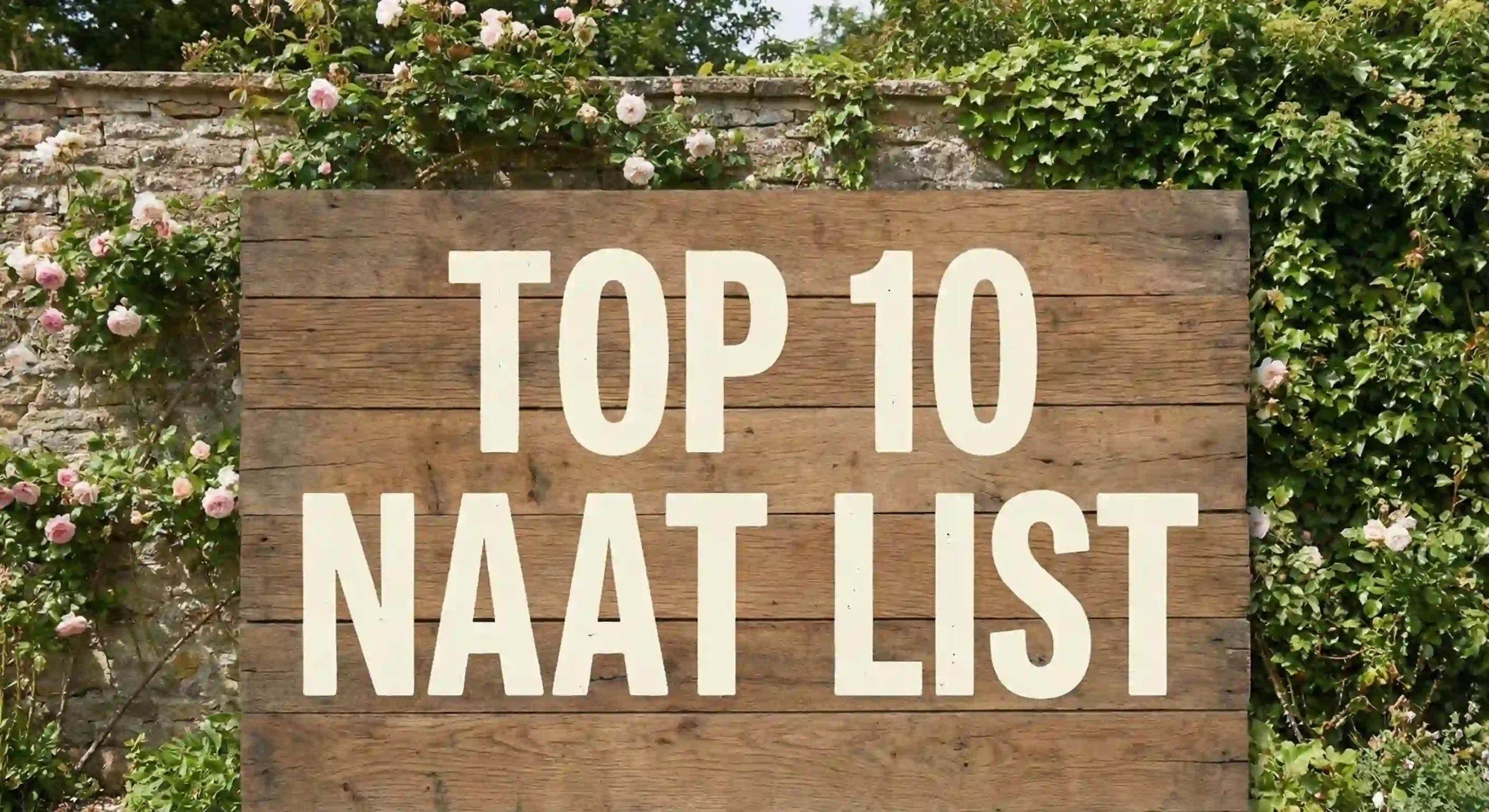 A rustic wooden board displaying the text 'TOP 10 NAAT LIST' in big bold white font, surrounded by green ivy and pink roses.