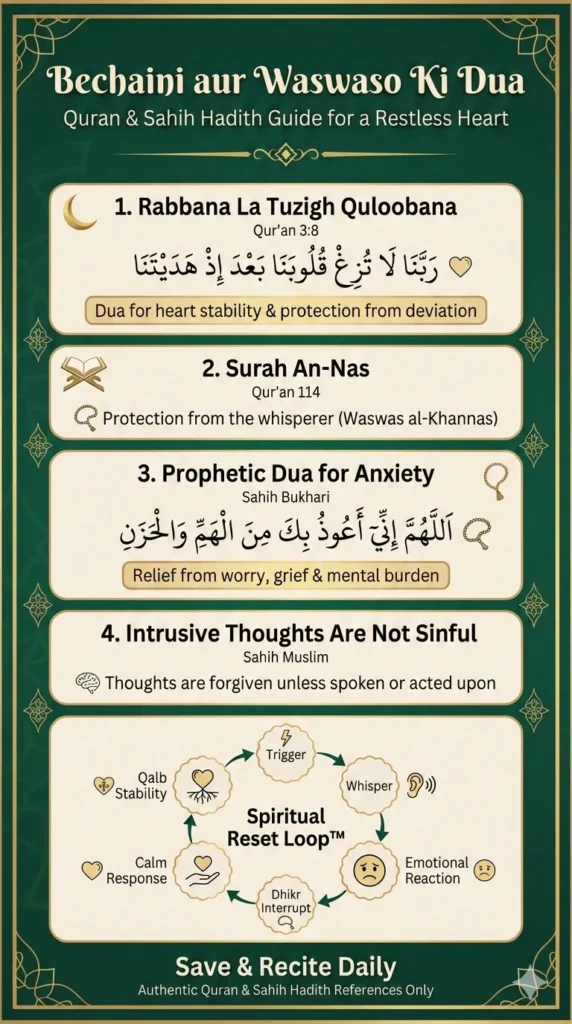Islamic infographic on Bechaini aur Waswaso ki Dua showing Rabbana la tuzigh quloobana Qur’an 3:8, Surah An-Nas 114, Prophetic dua for anxiety from Sahih Bukhari, and Spiritual Reset Loop diagram.