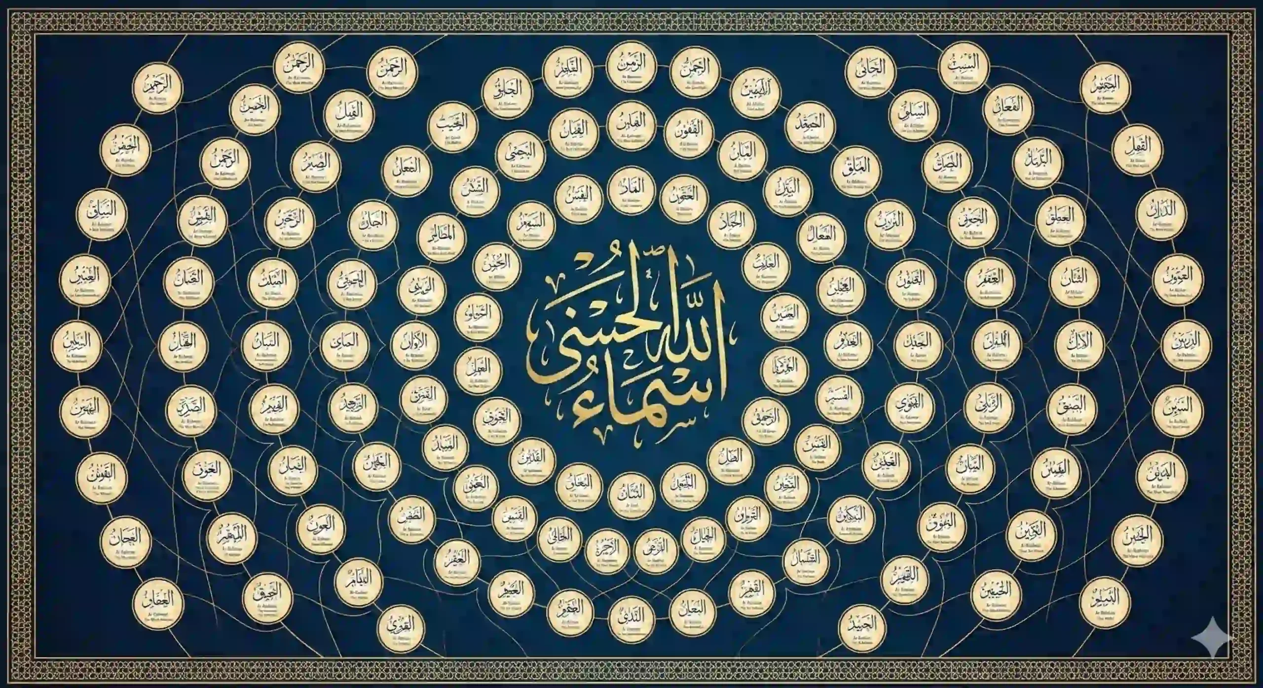 Asma ul Husna Islamic calligraphy showing the 99 beautiful names of Allah arranged around the name of Allah in gold on a deep blue background