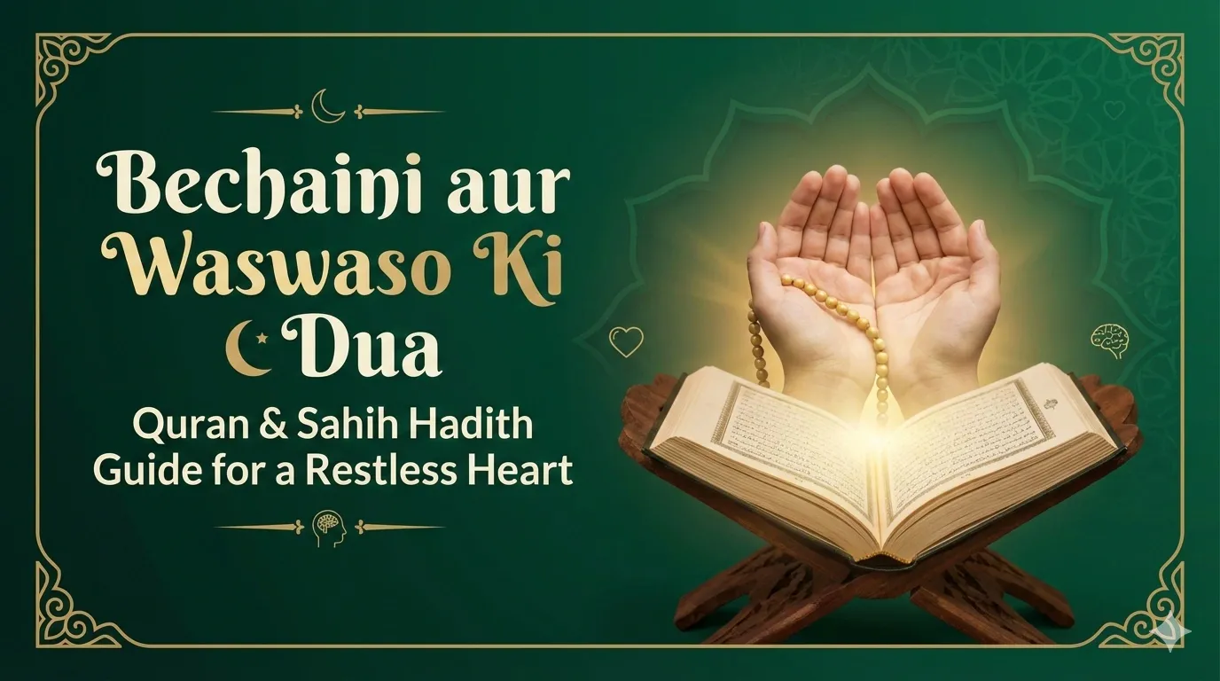 Bechaini aur Waswaso ki Dua Islamic banner showing open Quran, raised hands in dua with tasbih, green background, and text Quran & Sahih Hadith guide for a restless heart.