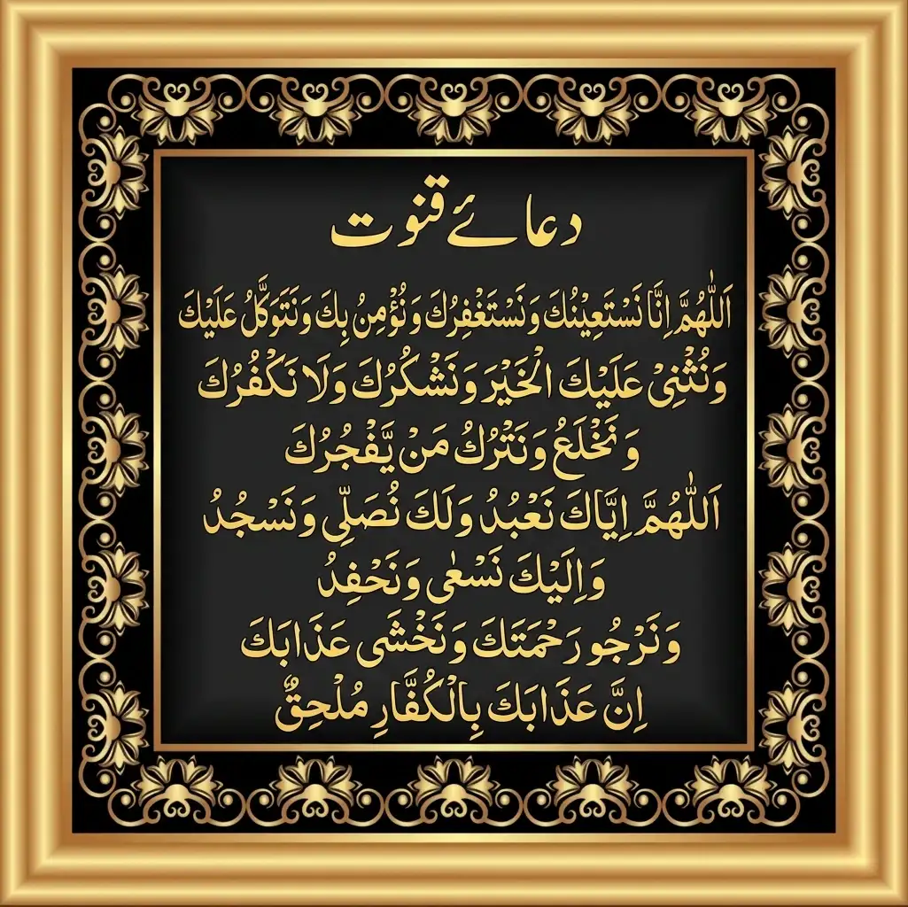 Golden Thuluth Arabic calligraphy of the complete Dua e Qunoot on a black background, enclosed in an ornate vintage gold frame, with "Dua e Qunoot" written in Urdu at the top.