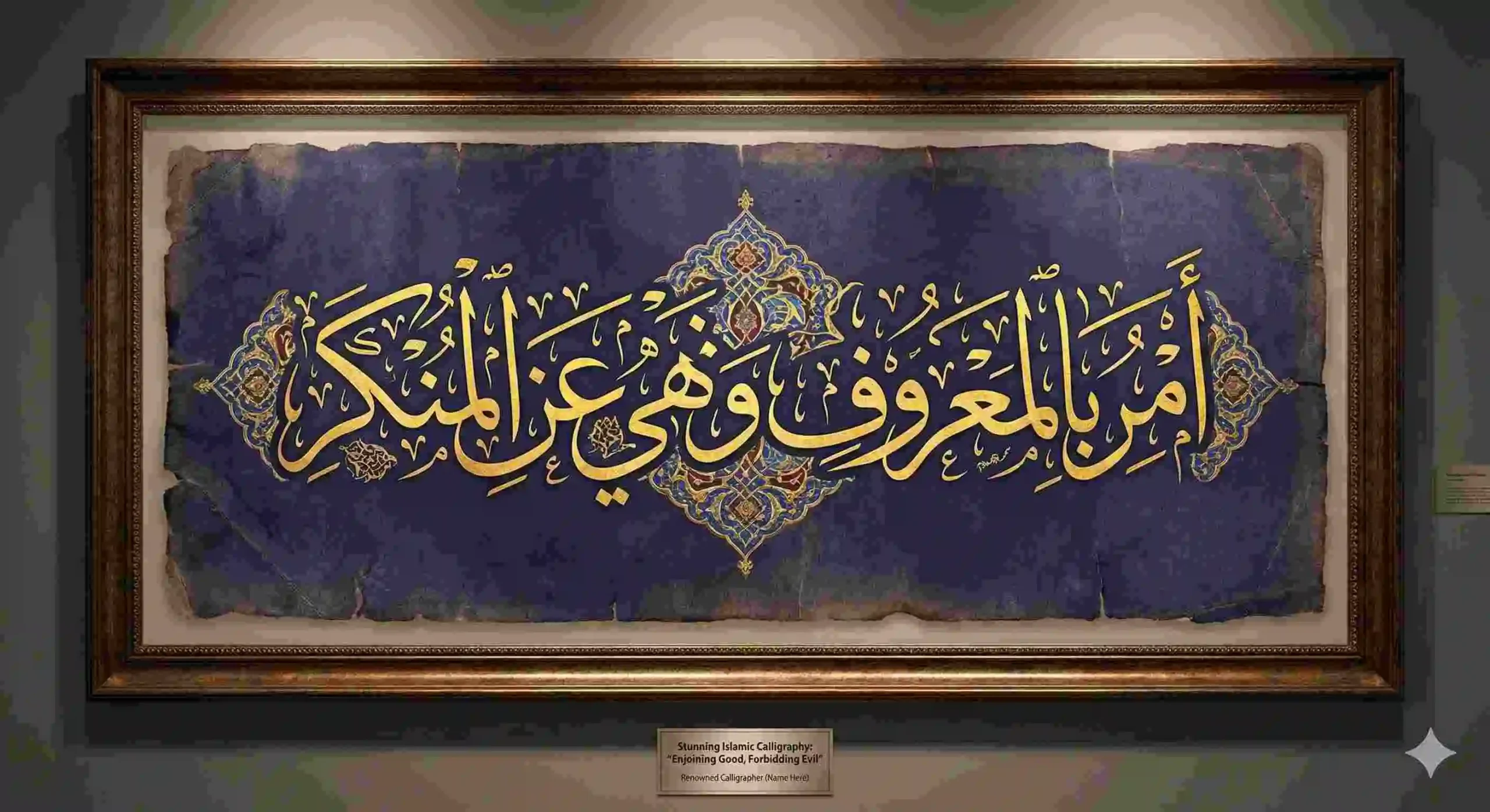 Framed gold leaf Islamic calligraphy on blue aged paper, showing the Arabic phrase "(أَمْرُ بِالْمَعْرُوفِ وَنَهْيُ عَنِ الْمُنْكَرِ)" which translates to "Enjoining Good, Forbidding Evil," displayed with a plaque in a museum.
