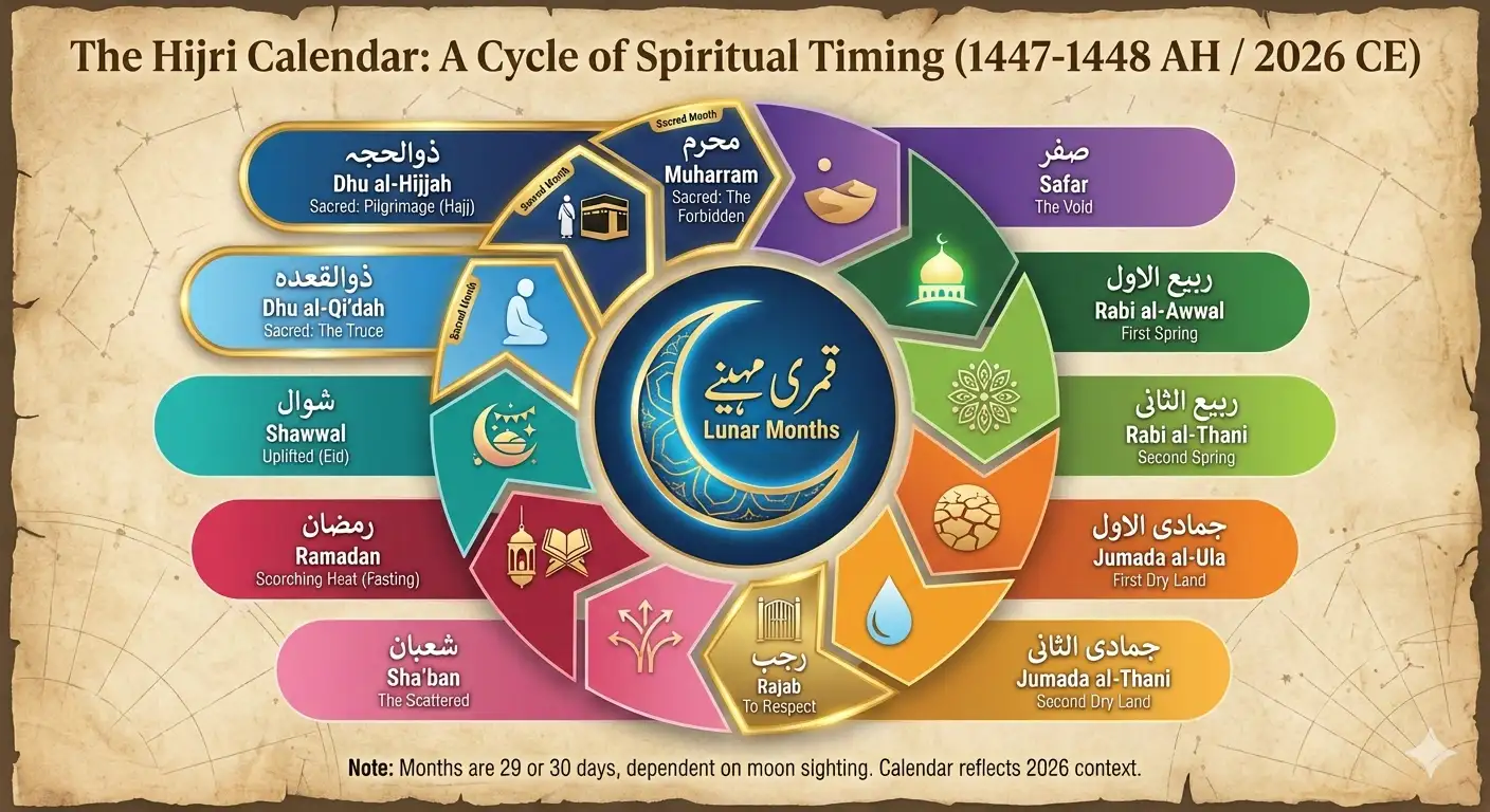 Hijri Calendar 2026 (1447–1448 AH) showing all 12 Islamic lunar months including Ramadan, Muharram, and Dhu al-Hijjah