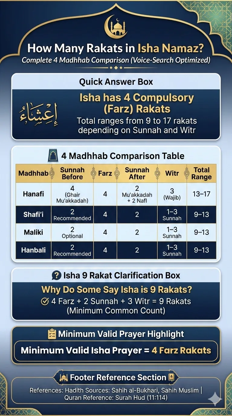 Educational infographic showing the number of rakats in Isha prayer for Hanafi, Shafi’i, Maliki, and Hanbali madhhabs, highlighting 4 Farz rakats and the 9 rakat minimum common count.