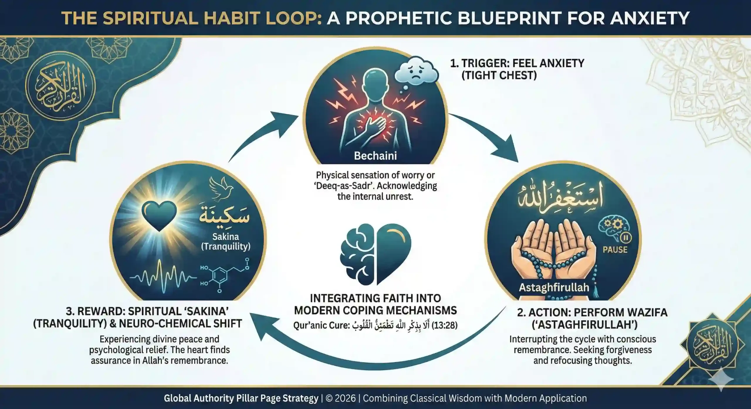 Infographic illustrating the 'Spiritual Habit Loop' as an Islamic cure for anxiety (Bechaini). The visual cycle shows three steps: 1. The Trigger (Physical tightness/Deeq-as-Sadr), 2. The Action (Performing the Wazifa of 'Astaghfirullah' to interrupt negative thoughts), and 3. The Reward (Achieving 'Sakina' or tranquility) based on Quran verse 13:28. The graphic features Islamic geometric patterns and a calming blue color palette."
