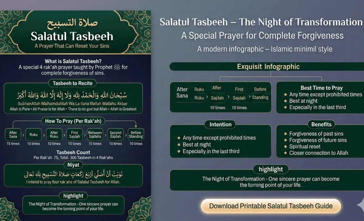 A modern Islamic infographic showing the step-by-step instructions for Salatul Tasbeeh prayer, including the tasbeeh counts for each position and the niyat in Arabic.