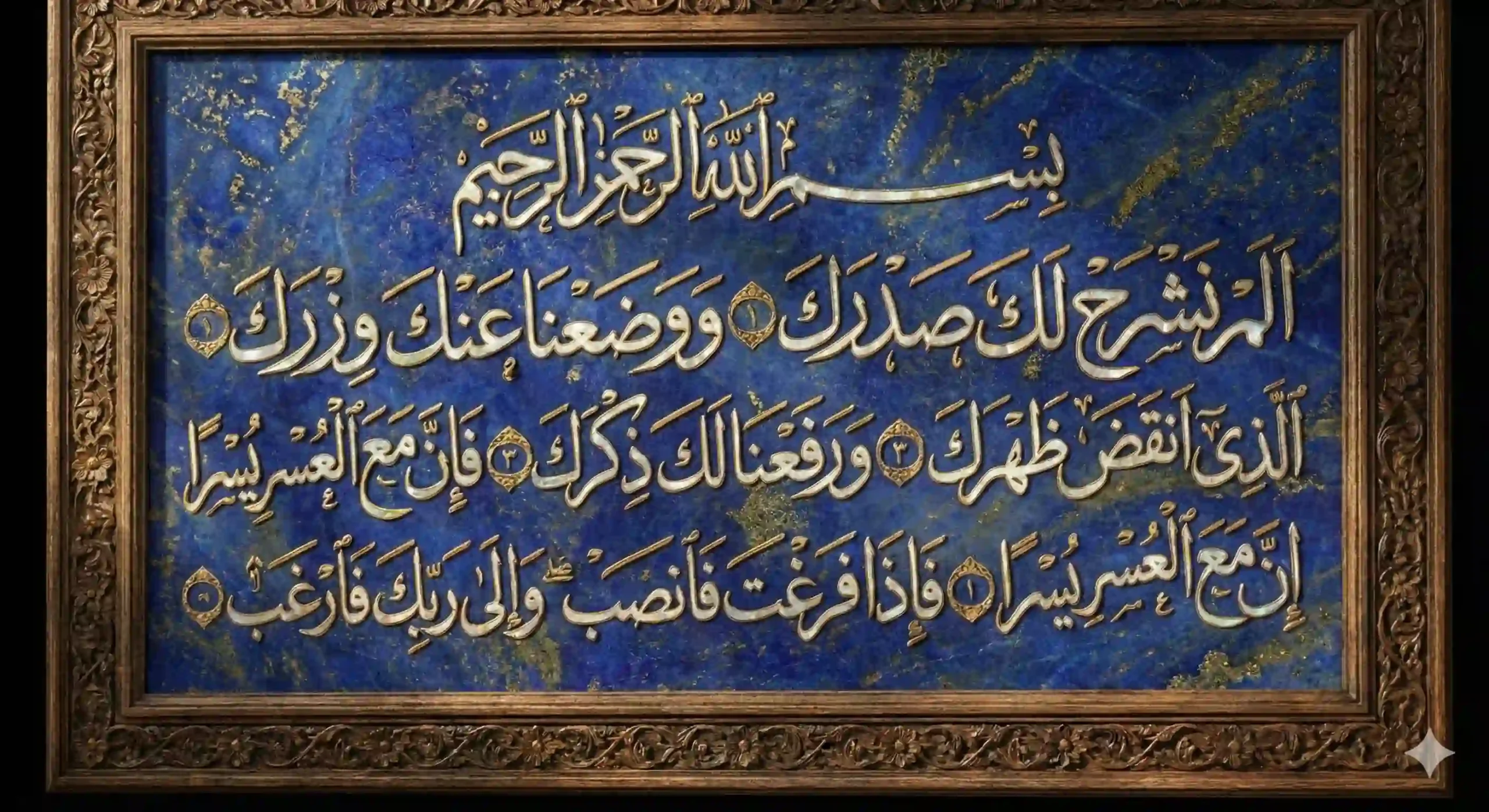 Full Arabic text of Surah Al-Nashrah rendered in intricate Thuluth calligraphy using gold and mother-of-pearl inlay on a deep blue lapis lazuli stone background, set within an ornate carved wooden frame.