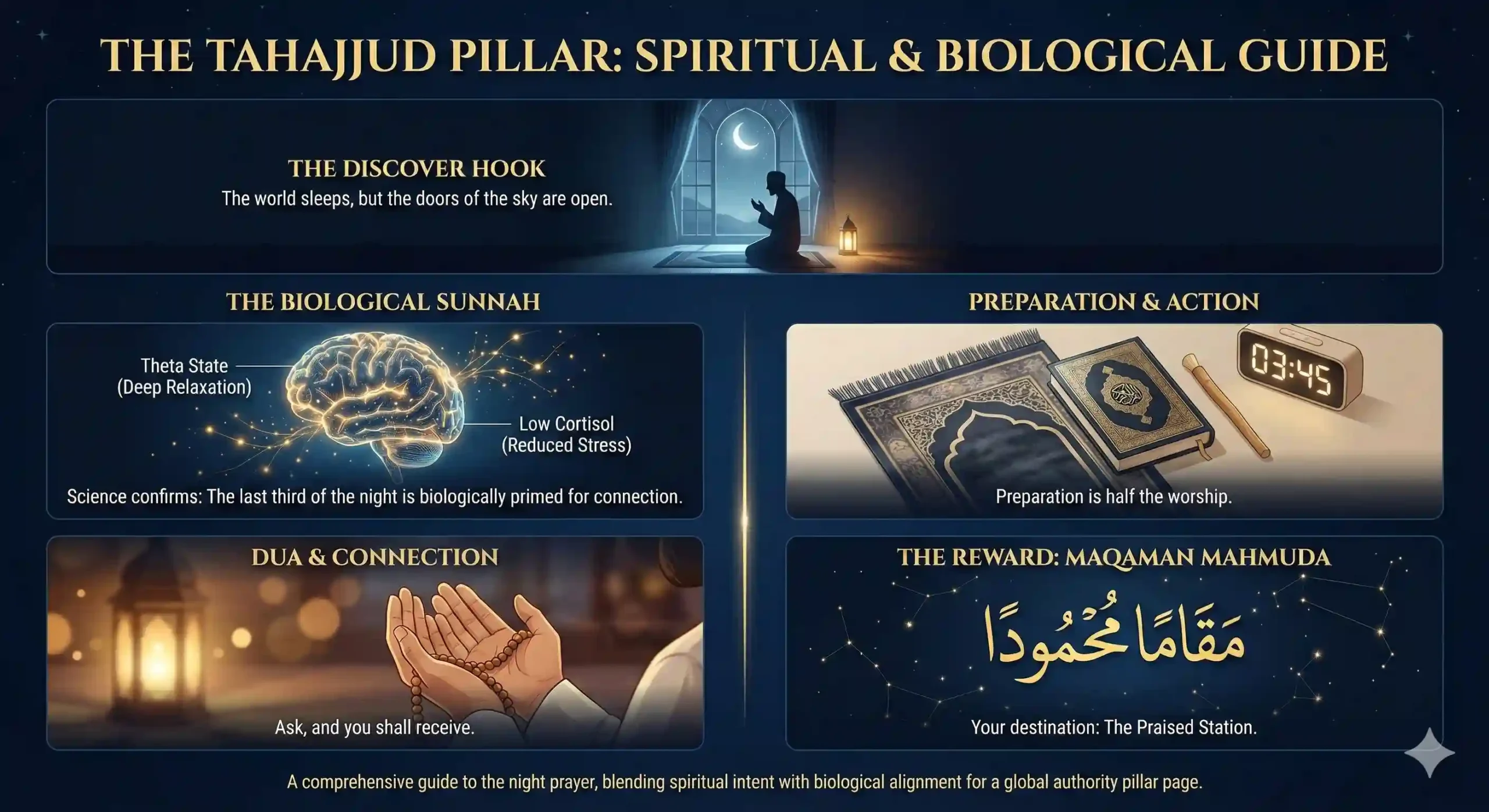 Infographic titled 'The Tahajjud Pillar: Spiritual & Biological Guide', detailing the night prayer's benefits. Sections include 'The Discover Hook' with a praying silhouette, 'The Biological Sunnah' showing a brain with Theta state and low cortisol, 'Preparation & Action' with a Quran and clock at 03:45, 'Dua & Connection' with hands in supplication, and 'The Reward: Maqaman Mahmuda' with Arabic calligraphy.