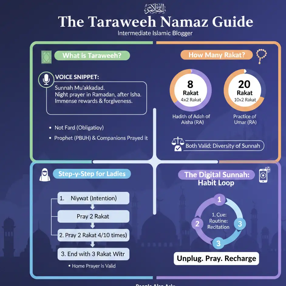 Infographic explaining Taraweeh Namaz guide including 8 vs 20 Rakat comparison, Sunnah explanation, step-by-step method for women, and Witr prayer in Ramadan.