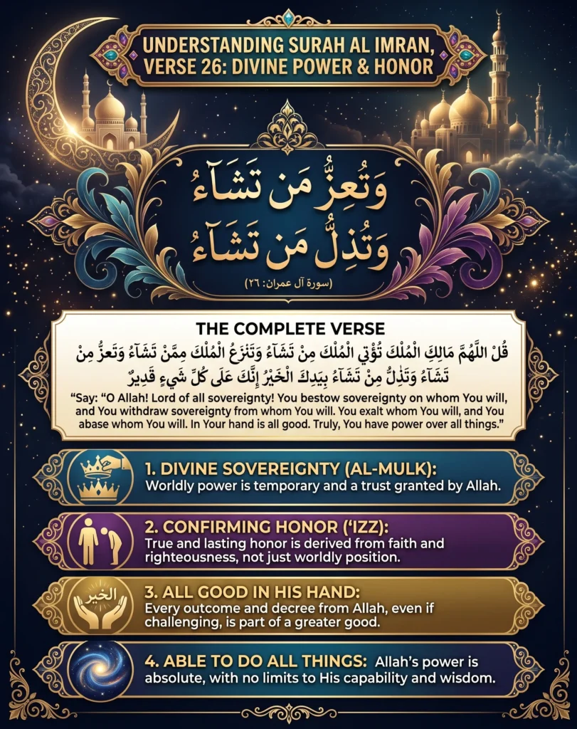 A comprehensive educational infographic titled "UNDERSTANDING SURAH AL IMRAN, VERSE 26: DIVINE POWER & HONOR." The top half features ornate Islamic digital art with a glowing golden crescent moon, arabesque filigree, and a majestic mosque against a starry night sky, framing the central Arabic calligraphy: "وَتُعِزُّ مَنْ تَشَاءُ وَتُذِلُّ مَنْ تَشَاءُ" (You exalt whom You will, and You abase whom You will). Below this, a section titled "THE COMPLETE VERSE" displays the full Arabic text of 3:26 alongside its English translation: "Say: O Allah! Lord of all sovereignty! You bestow sovereignty on whom You will, and You withdraw sovereignty from whom You will. You exalt whom You will, and You abase whom You will. In Your hand is all good. Truly, You have power over all things." The bottom half breaks the verse down into four key analytical points, each accompanied by a visual icon: 1. DIVINE SOVEREIGNTY (AL-MULK) [Crown icon] explaining worldly power is a temporary trust from Allah. 2. CONFIRMING HONOR ('IZZ) [Standing figure icon] stating true honor comes from faith, not worldly position. 3. ALL GOOD IN HIS HAND [Cupped hands icon with Arabic text Al-Khayr] explaining every divine decree is part of a greater good. 4. ABLE TO DO ALL THINGS [Abstract power icon] affirming Allah's absolute power and limitless wisdom. The design uses a premium color palette of deep navy blue, purple, and metallic gold. Keywords: Quranic Tafsir, Islamic education, Surah Al-Imran 3:26 meaning, divine decree, Al-Mulk, Izz, visual theology breakdown.