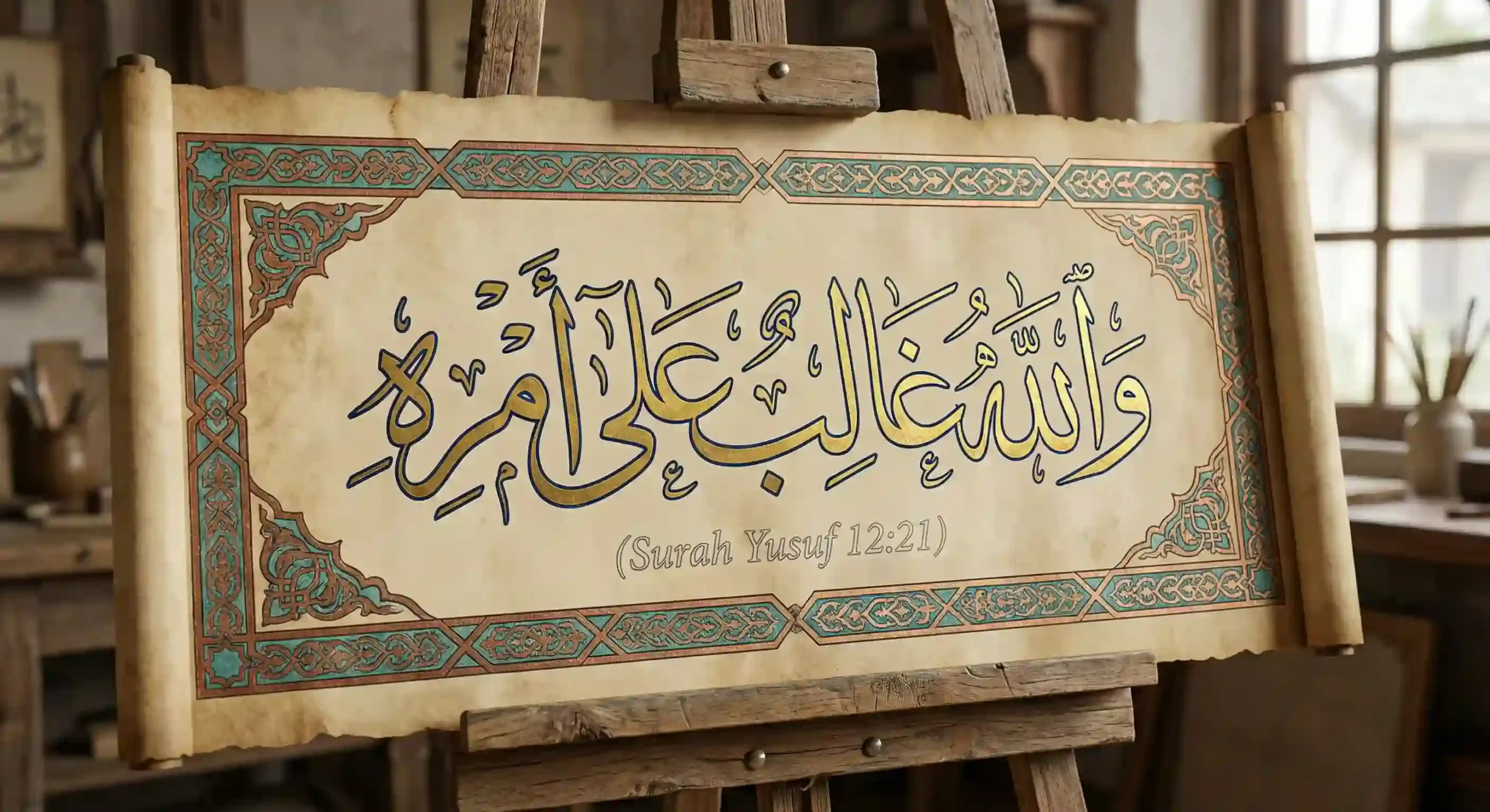High-resolution 3D Islamic calligraphy of the Quranic verse "Wallahu Ghalibun Ala Amrihi" (وَاللَّهُ غَالِبٌ عَلَىٰ أَمْرِهِ) from Surah Yusuf 12:21. The text is rendered in bold, raised gold lettering against a dark, textured background, symbolizing Divine Authority and power.
