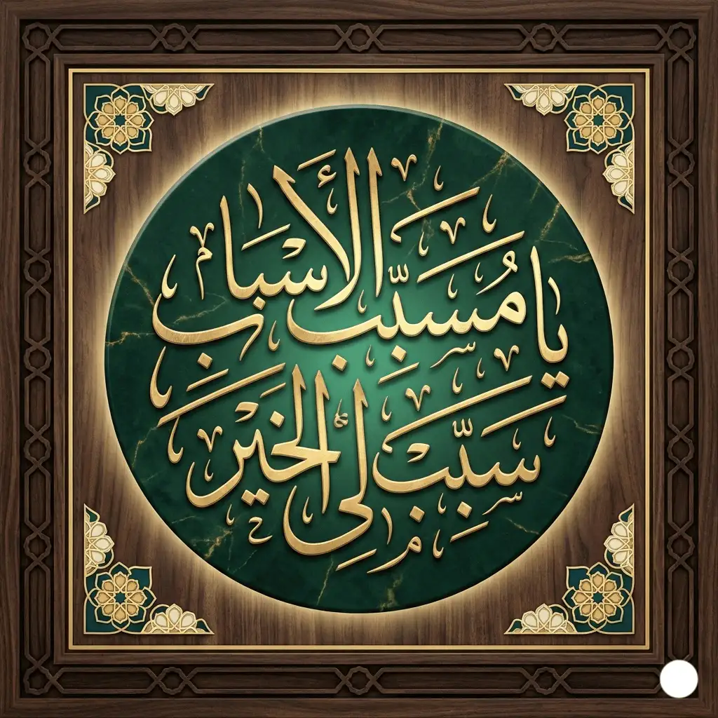 Intricate gold Thuluth Islamic calligraphy of the prayer "Ya Musabbib al-Asbab" in a circular composition on a green marble background with a carved dark walnut frame.
