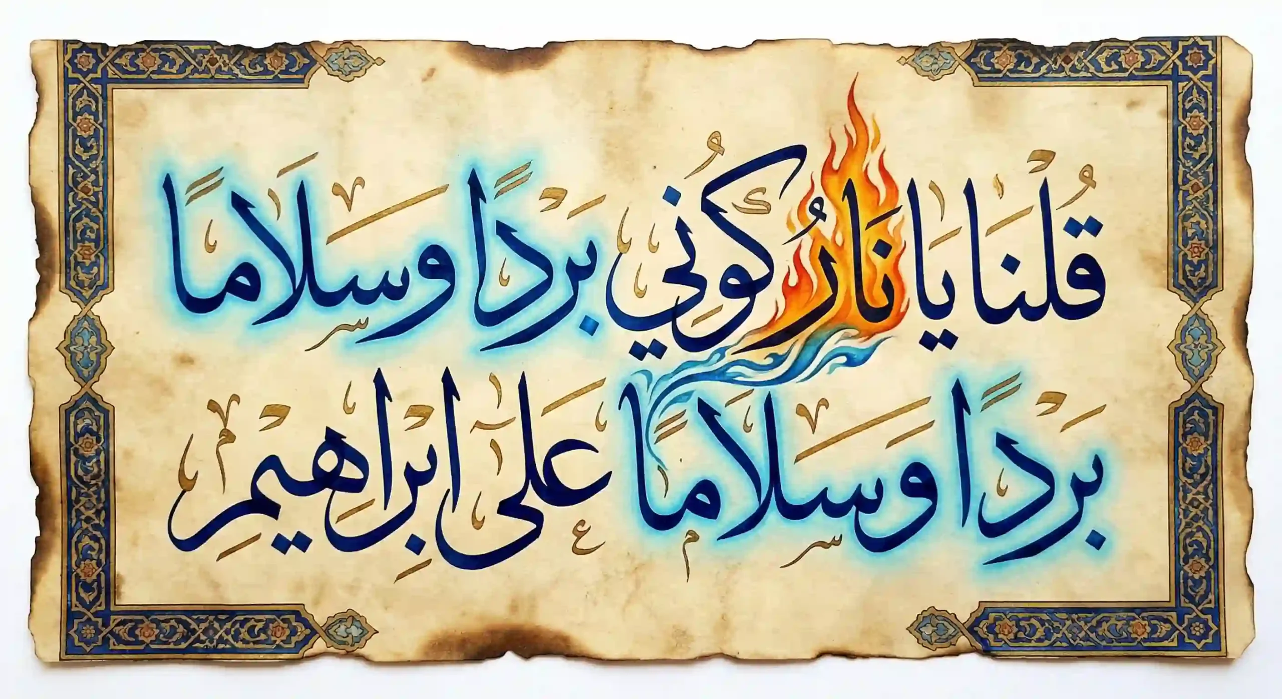 Unique Arabic calligraphy artwork of Surah Al-Anbiya Verse 69 (Ya Naru Kuni), illustrating the Arabic script transitioning visibly from fiery orange flames into cool blue text on aged parchment background.