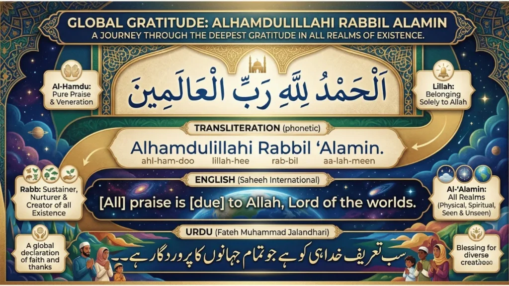 A detailed infographic explaining the word-by-word meaning of Alhamdulillahi Rabbil Alamin, featuring the Arabic script, transliteration, and English and Urdu translations.
