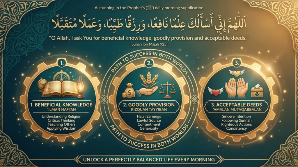 "Islamic infographic of Allahumma Inni As’aluka Ilman Nafian Wa Rizqan Tayyiban Wa Amalan Mutaqabbalan showing three elements of success",