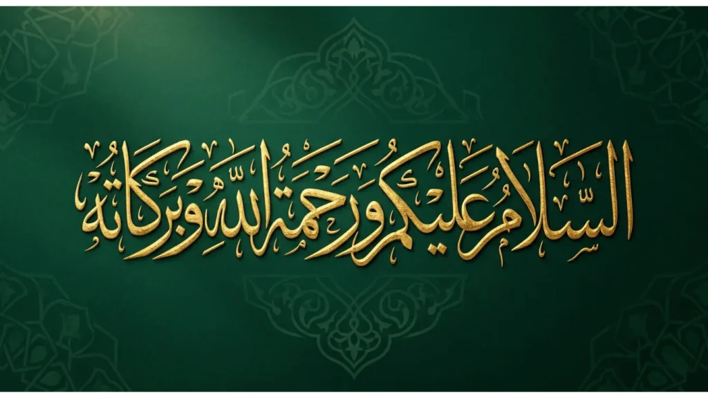 Luxury gold Thuluth calligraphy of Assalamu Alaikum wa Rahmatullahi wa Barakatuh on rich green Islamic background