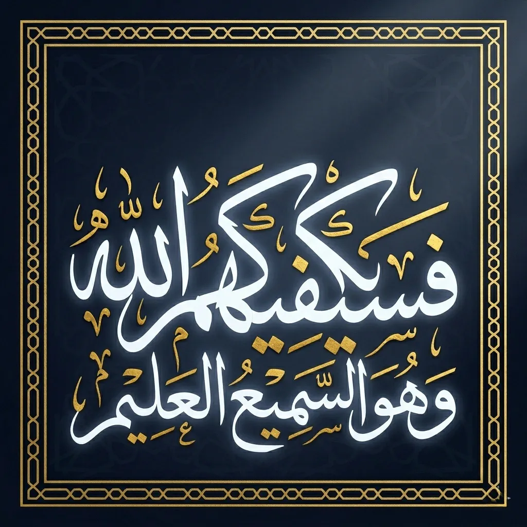 Fasayakfīkahumullāhu wa huwa As-Samī‘ul ‘Alīm Arabic calligraphy from Surah Al-Baqarah Ayat 137 in elegant Islamic gold and navy design symbolizing divine protection.