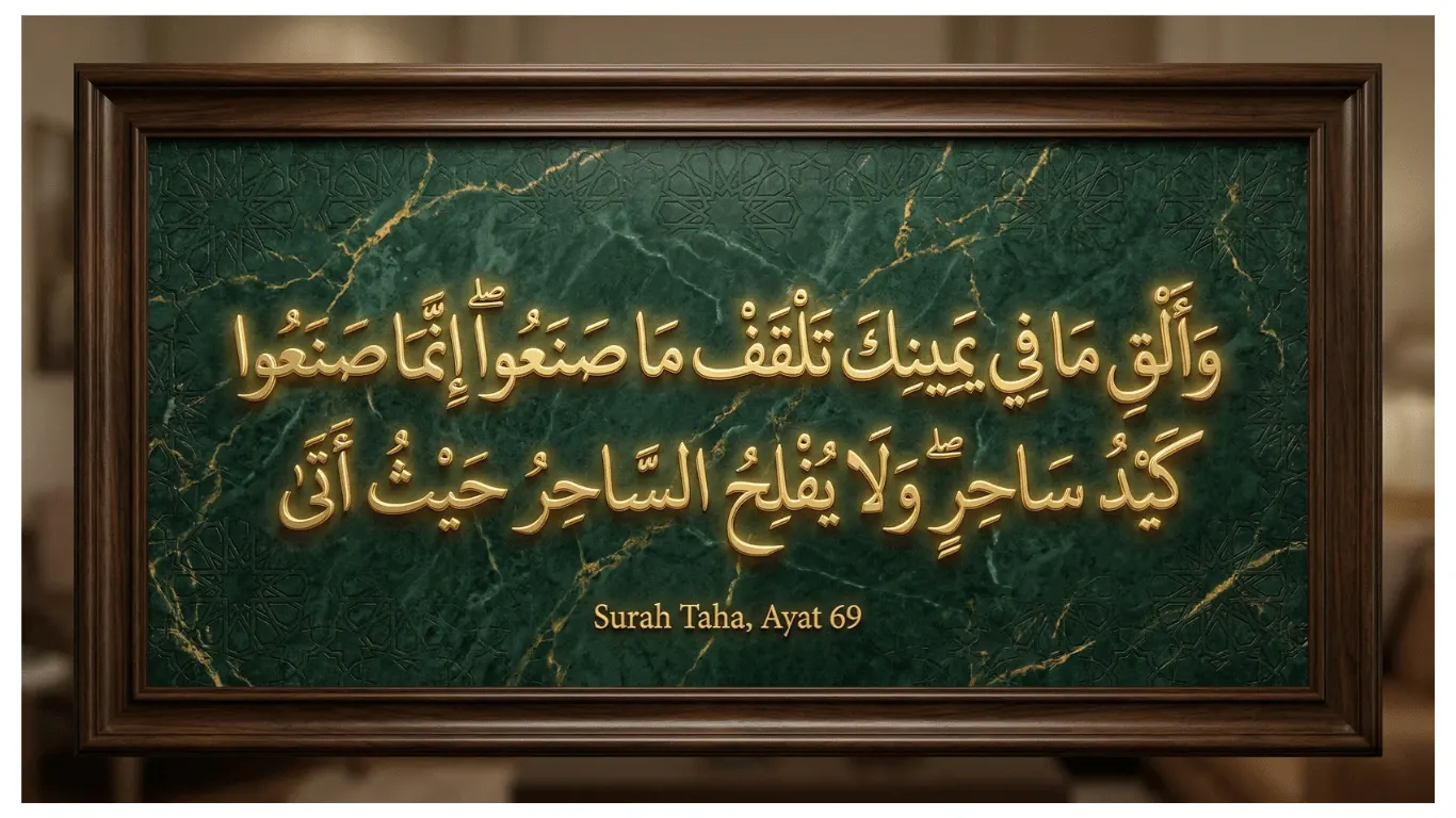 A detailed photograph of a large, dark wood-framed Islamic calligraphy piece hanging on a gallery wall. The background of the artwork is a slab of deep emerald green marble with prominent natural gold and white veining. The main text is complex, raised, glowing gold Arabic calligraphy from Surah Taha, Ayat 69. Below the Arabic calligraphy, in smaller gold font, it says, "Surah Taha, Ayat 69". The setting is a blurred library or study environment.