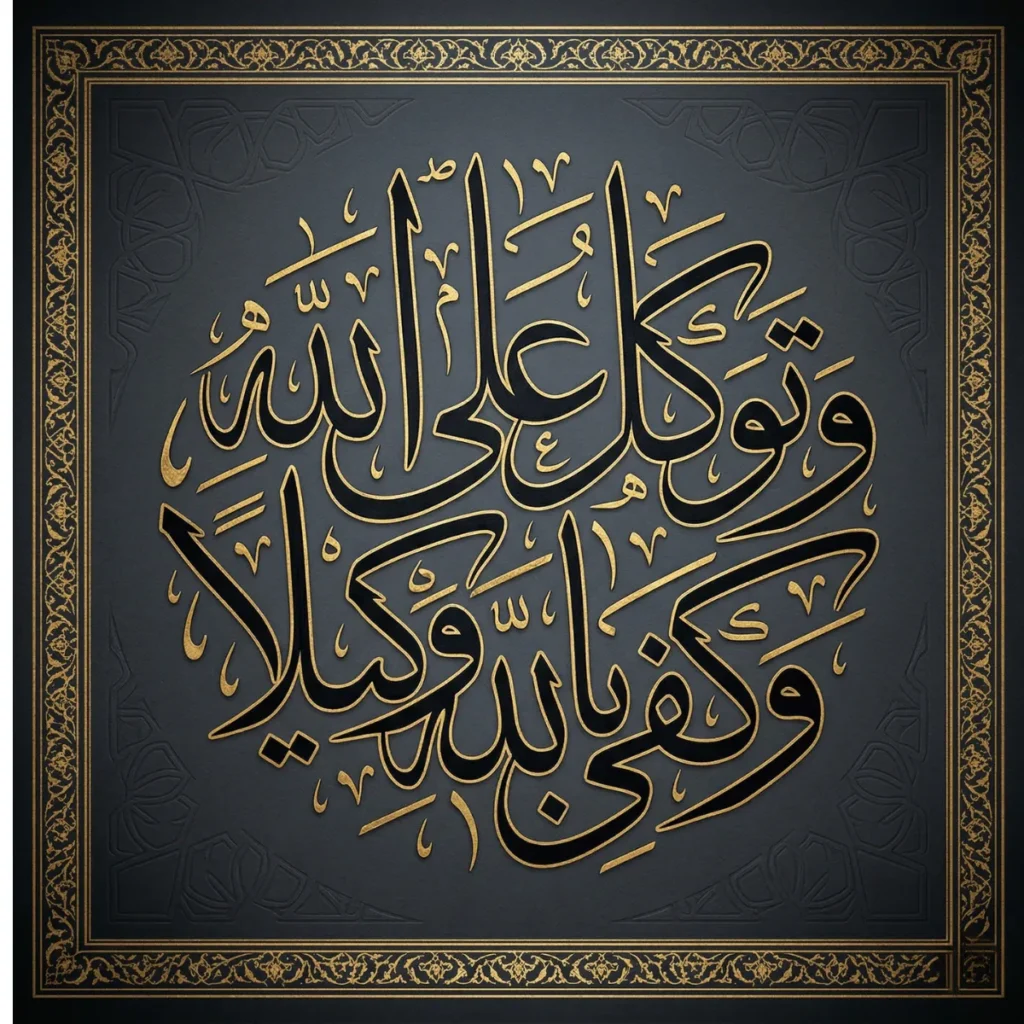 An intricate piece of gold Arabic calligraphy in a circular design, rendering the Quranic verse: "And rely upon Allah; and sufficient is Allah as a Disposer of affairs." The dimensional gold script is set within an elaborate ornate gold border against a dark, patterned grey-black background.