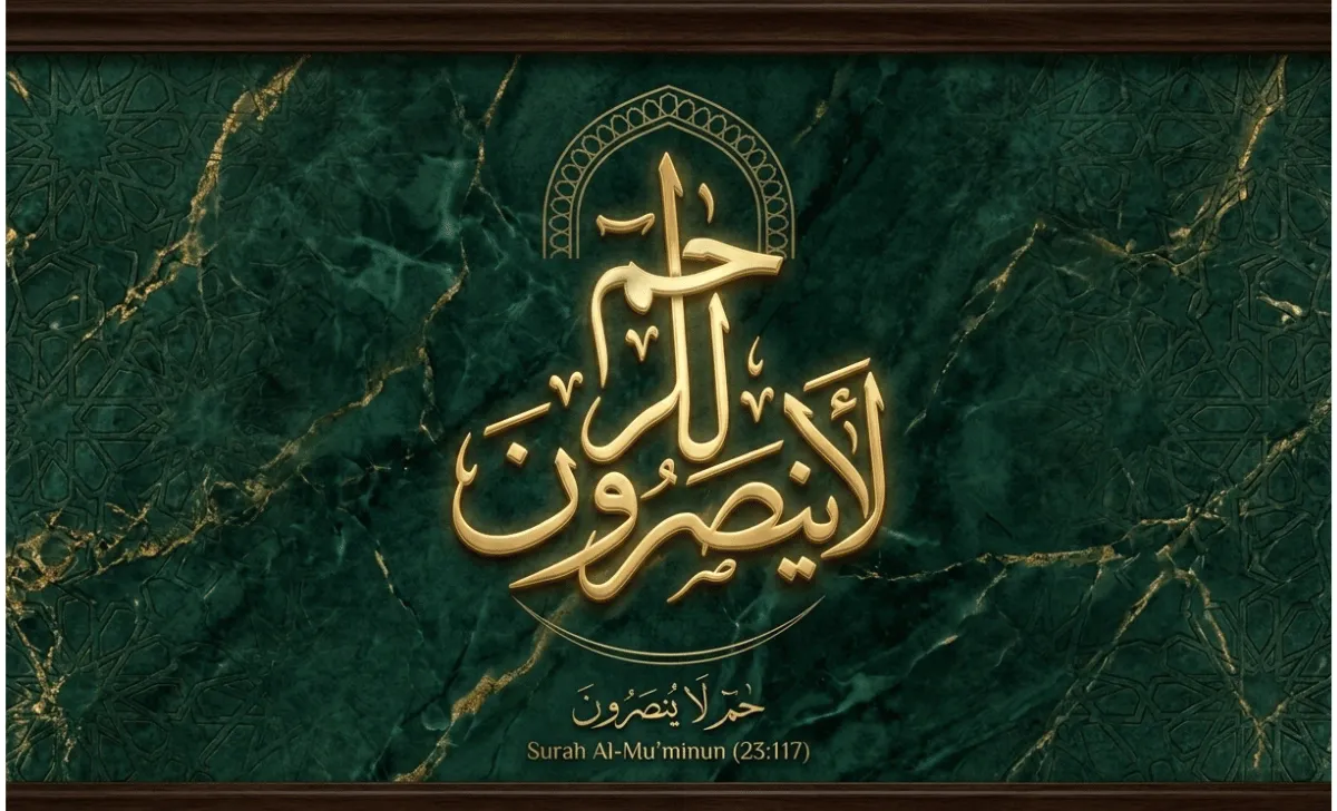 Golden Arabic calligraphy of حٰمۤ لَا يُنصَرُونَ from Surah Al-Mu’minun 23:117 on emerald marble background with Islamic geometric design.
