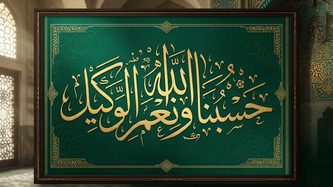 Majestic gold Thuluth calligraphy of the Arabic phrase 'حَسْبُنَا اللَّهُ وَنِعْمَ الْوَكِيلُ' framed on a deep emerald green background with geometric patterns, set within a mosque interior.