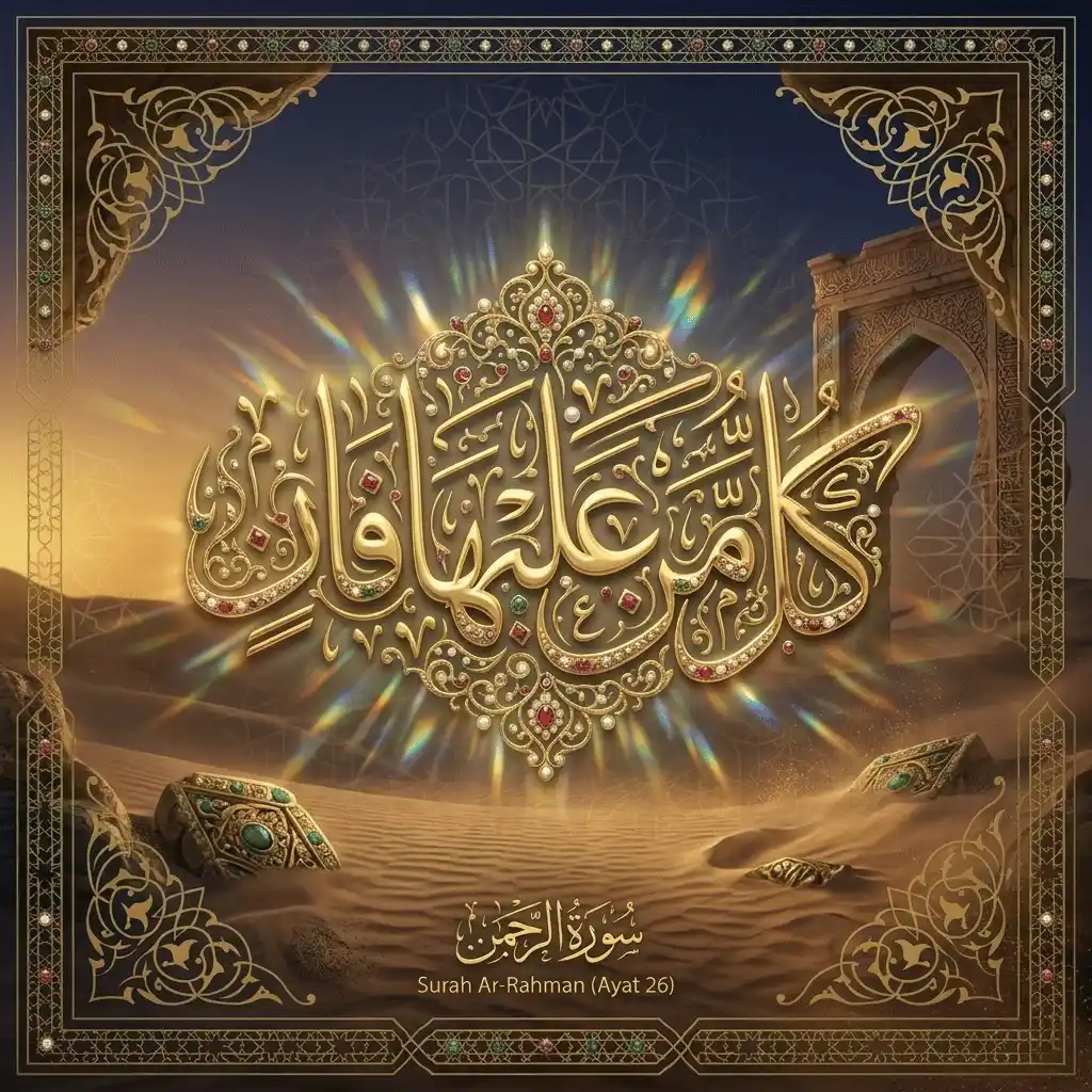Arabic calligraphy of Kullu Man Alaiha Faan from Surah Ar-Rahman Ayat 26 in the Qur'an with golden Islamic design symbolizing the temporary nature of life