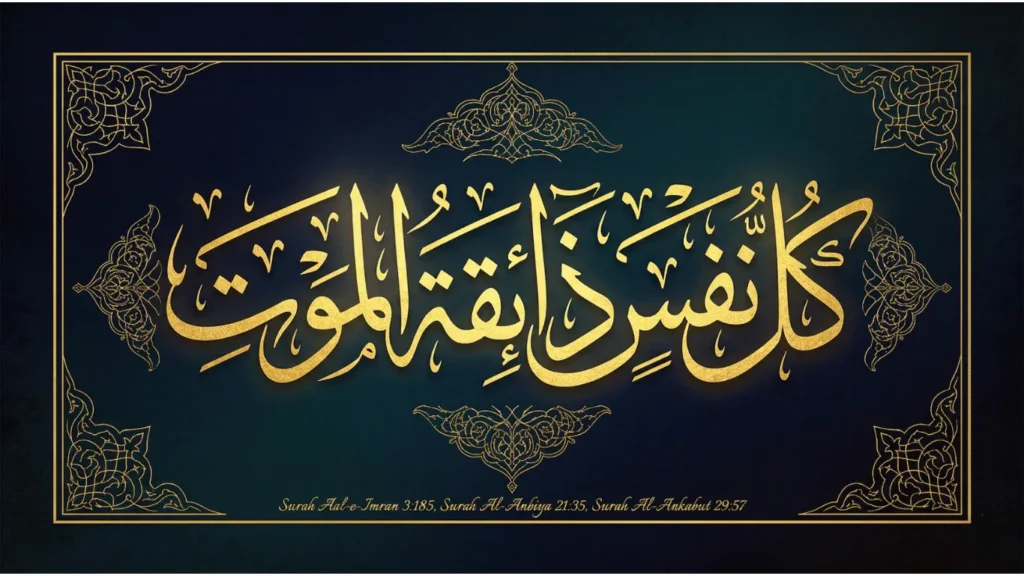 Kullu Nafsin Zaikatul Maut Arabic calligraphy in Thuluth style with golden text on dark background, Quran 29:57 3:185 21:35