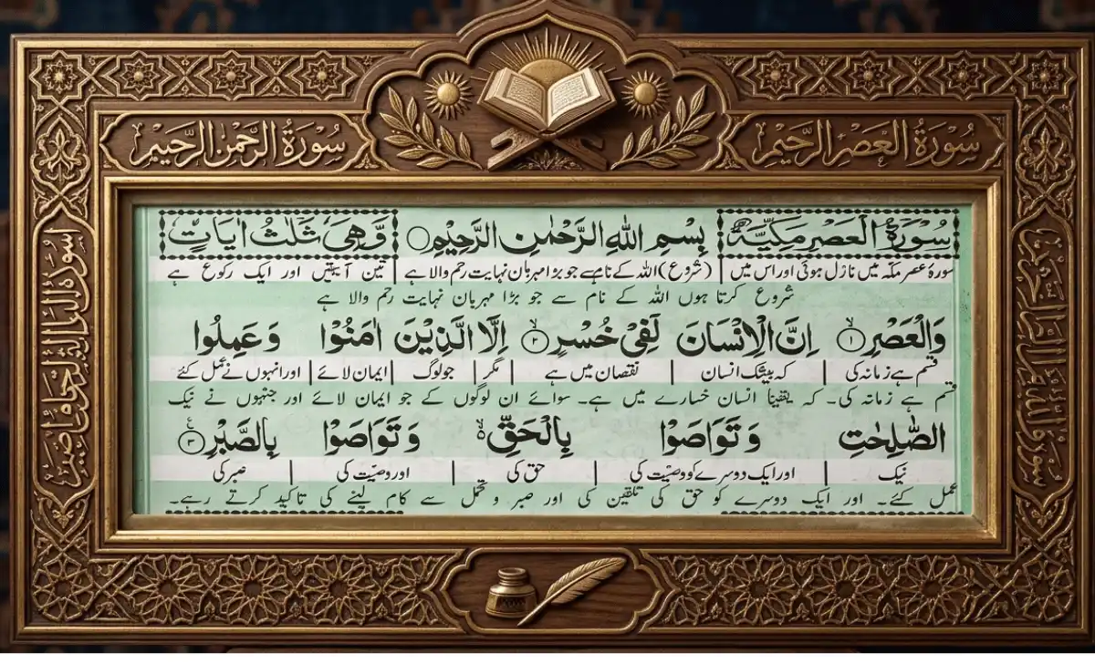 Surah Al-Asr with Urdu translation explaining meaning, benefits, and daily wazifa for success and time barakah