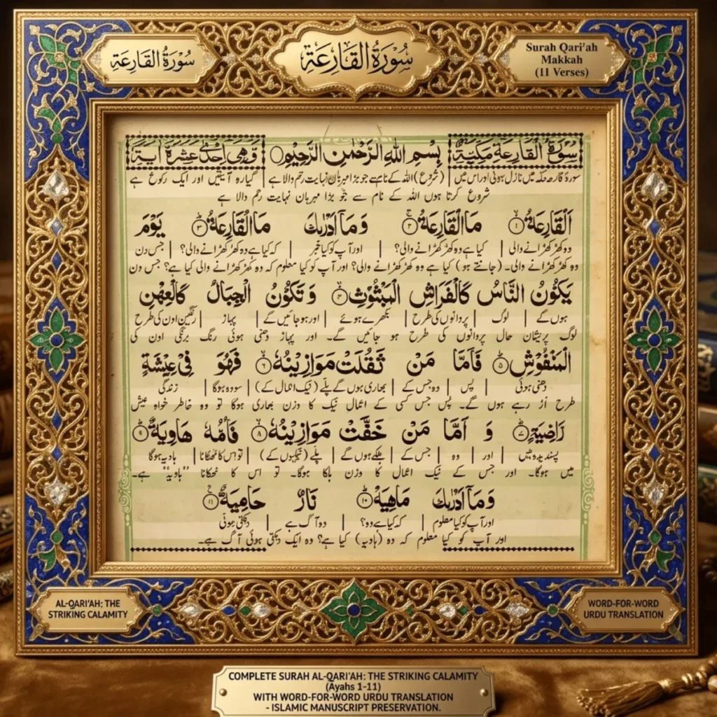 Surah Al-Qari’ah full Arabic text with word-by-word Urdu translation beautifully designed Islamic calligraphy manuscript