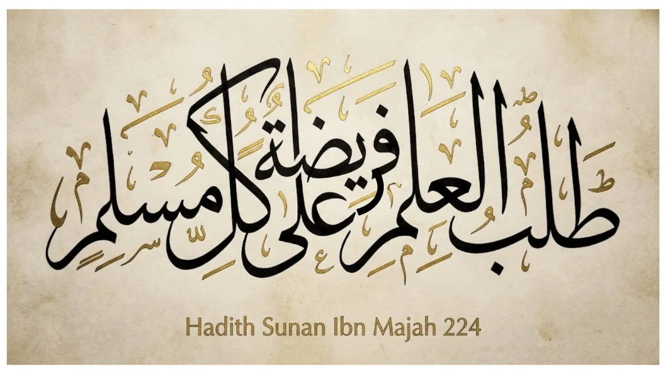 Golden Thuluth Arabic calligraphy of “Talab al Ilm Faridah” hadith on textured beige background with elegant Islamic design