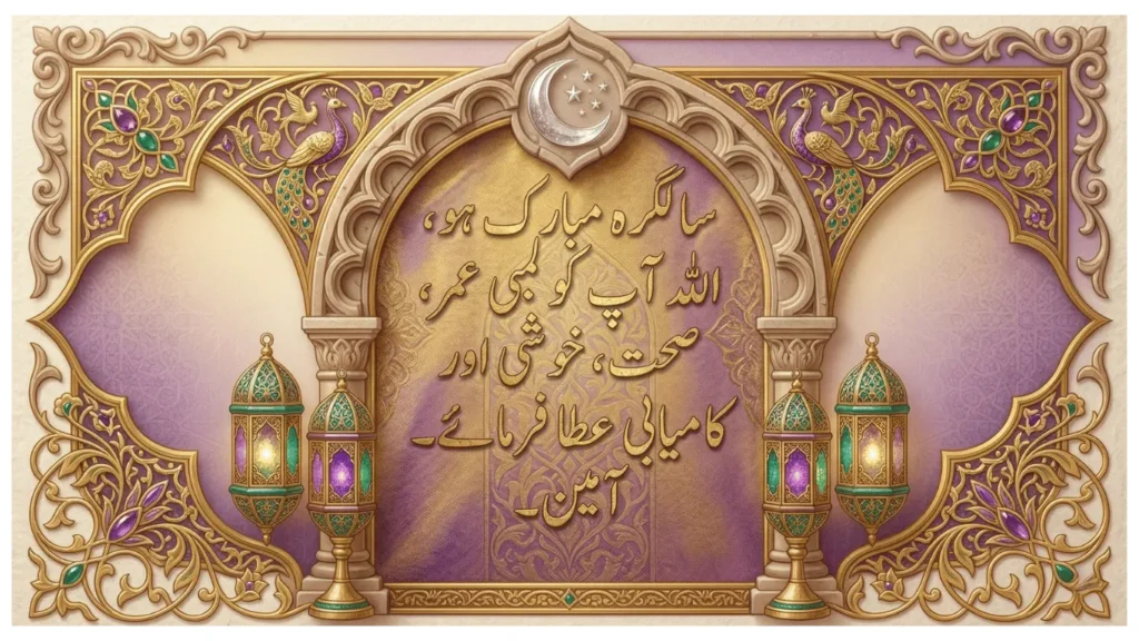 Urdu birthday dua in elegant calligraphy with Islamic arch design, lanterns, peacock motifs, and crescent moon on a decorative background