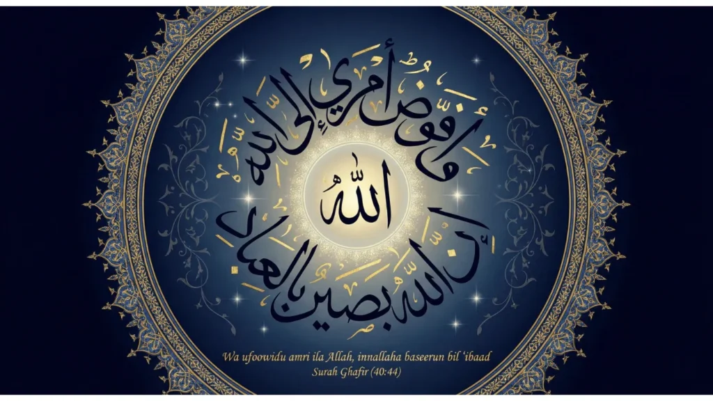 Circular Arabic calligraphy of Wa Ufwidhu Amri Ilallah Surah Ghafir 40:44 with Allah at center in gold and blue Islamic geometric design